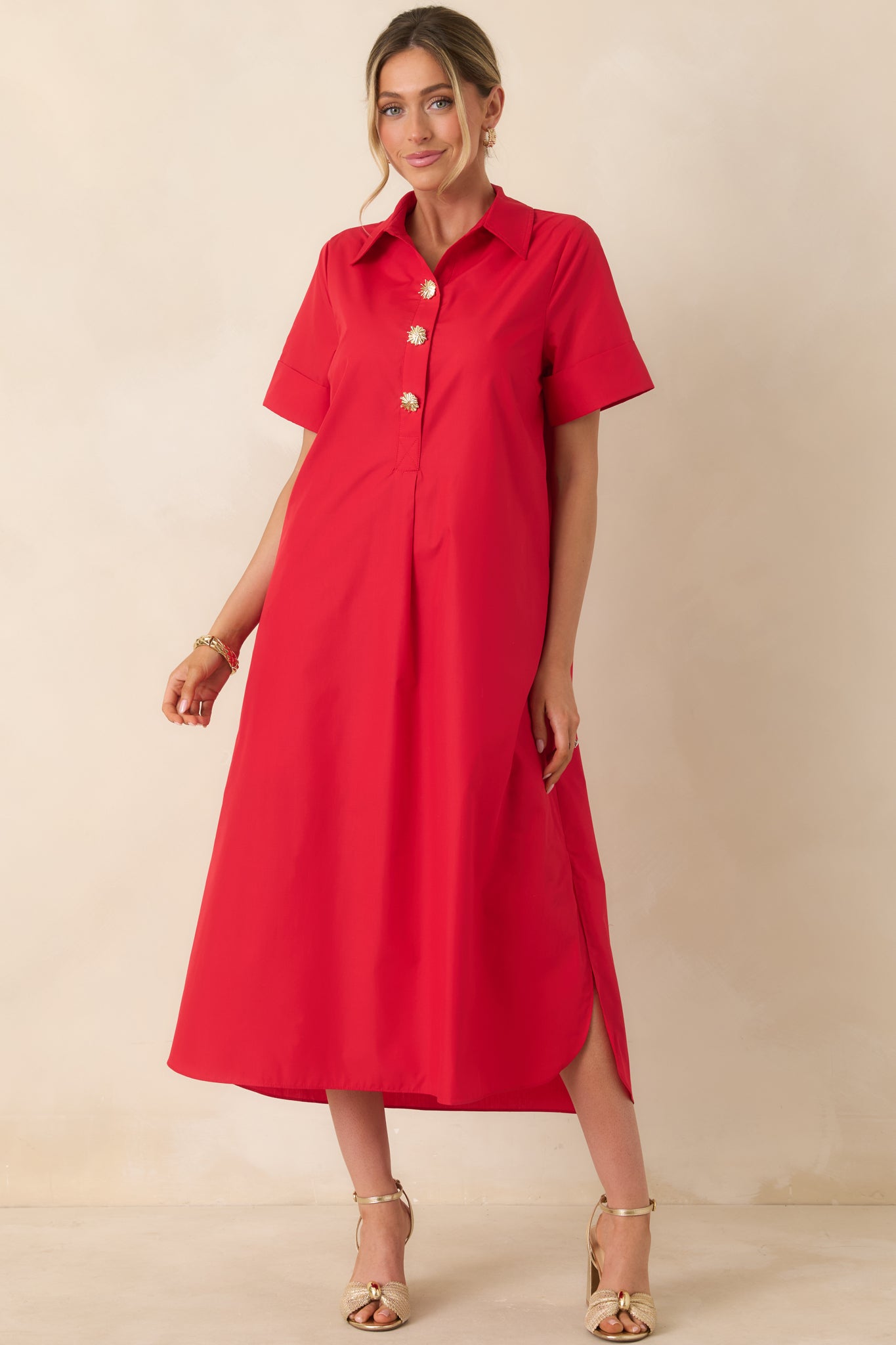 Classic red maxi dress with button front design and easy silhouette.