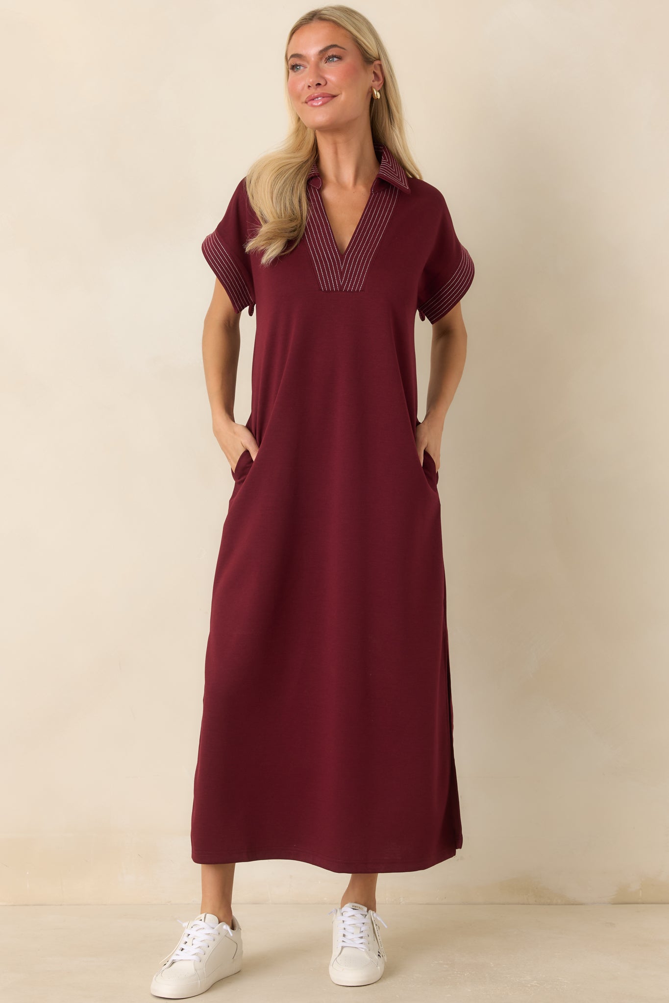 One Less Thing Wine V-Neck Contrast Pinstripe Maxi Dress
