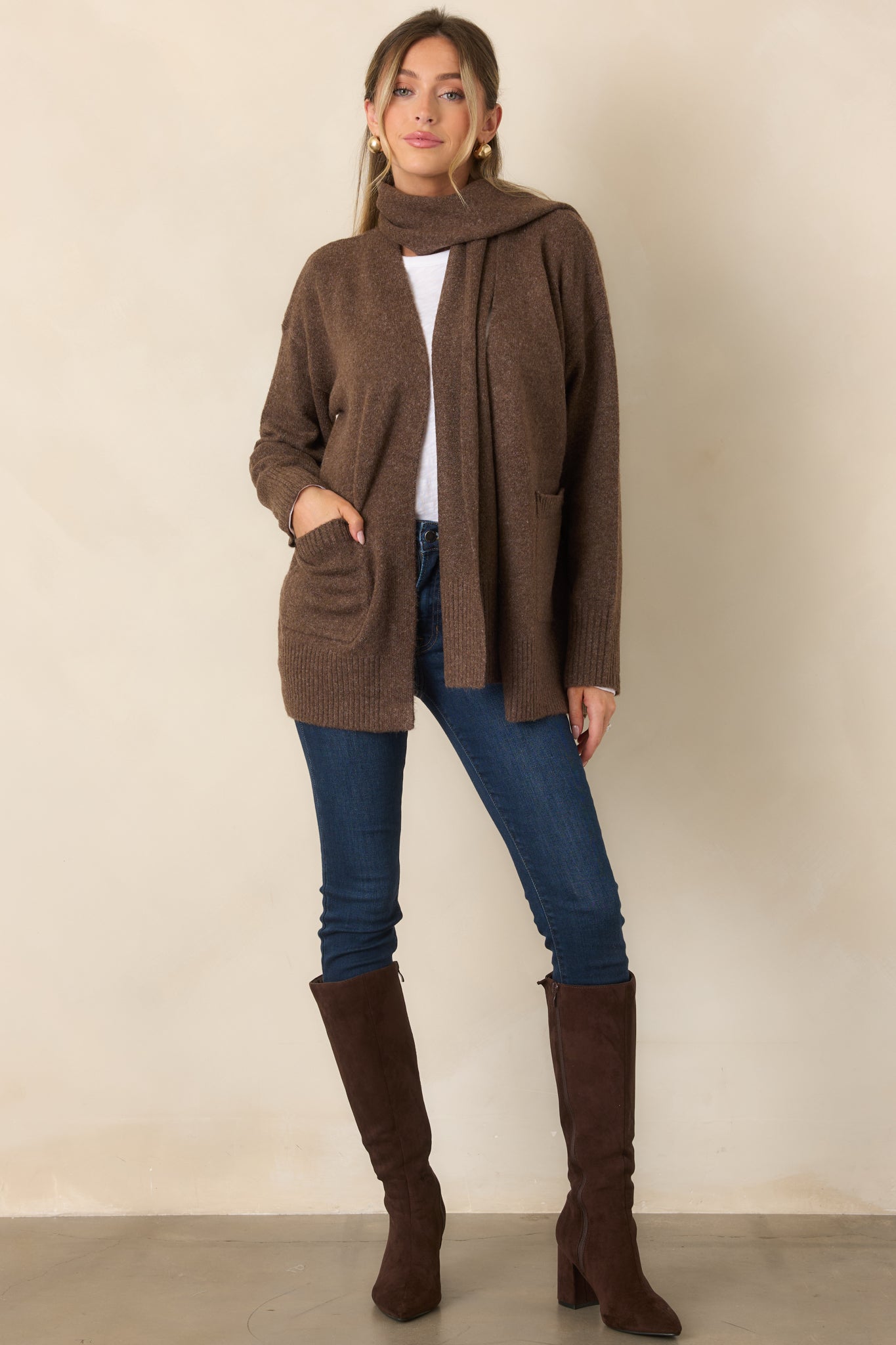 A Well-Knit Plan Dark Mocha Knit Cardigan & Scarf Set | Red Dress