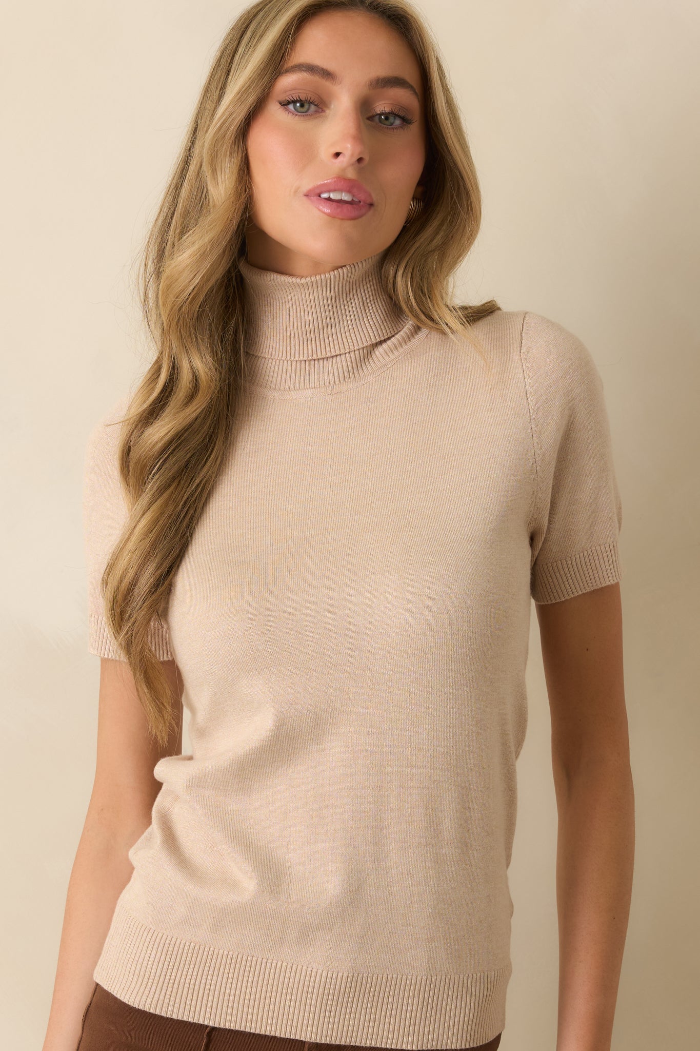 Close view of the rolled turtleneck collar and ribbed knit texture along the neckline.