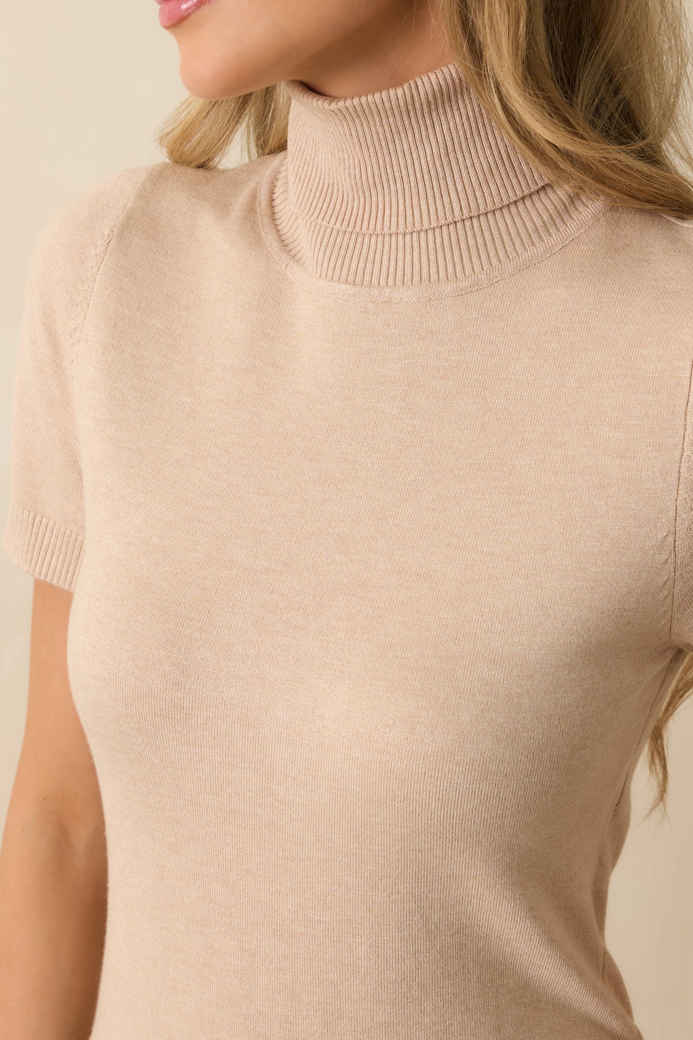 Zoomed-in view of the rolled turtleneck, ribbed texture, and fine knit finish