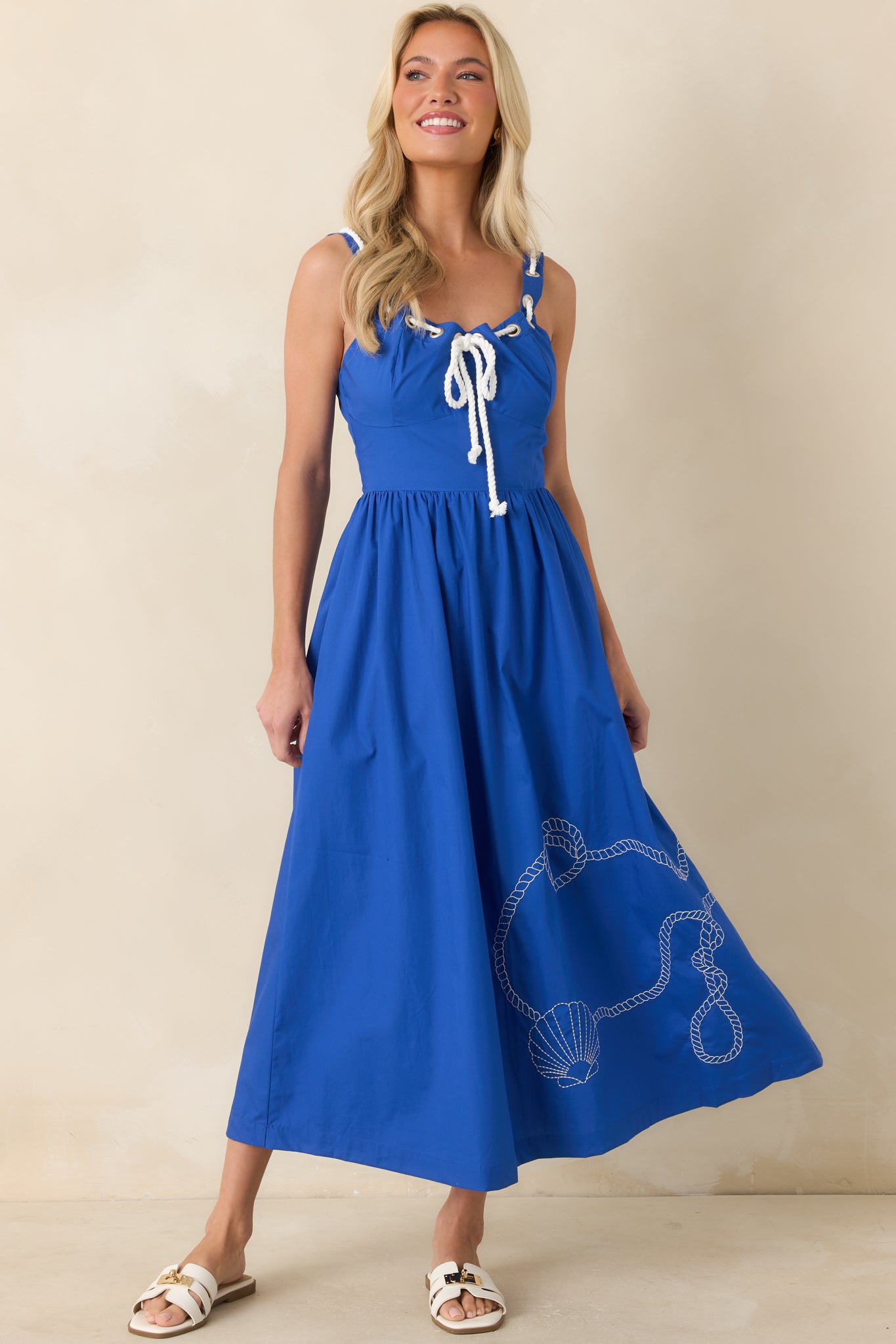 Women's Knot Too Far Royal Blue Cotton Embroidered Midi Dress | Size: L