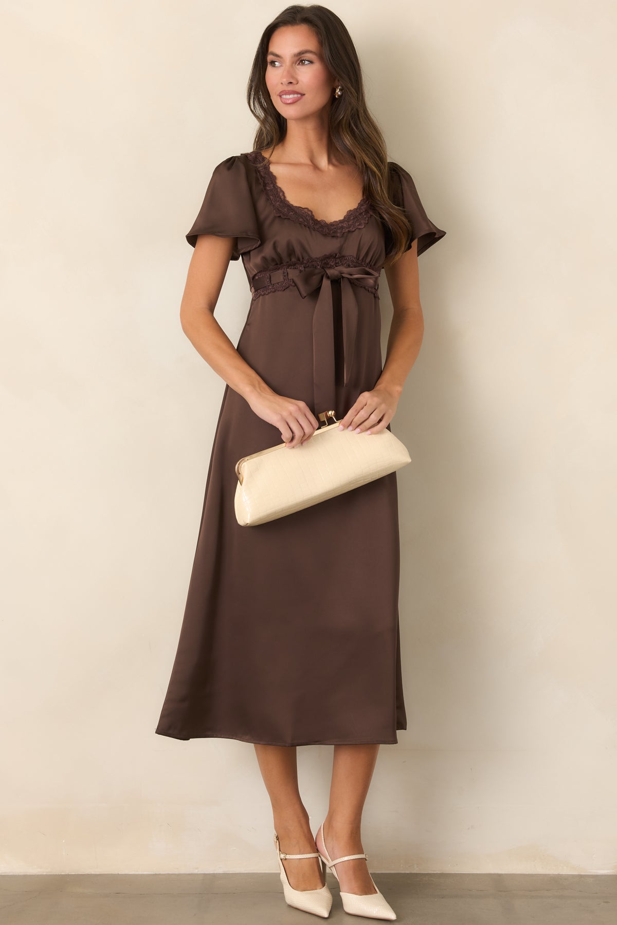 Satin midi dress featuring a tonal scalloped lace border at the neckline and waist.