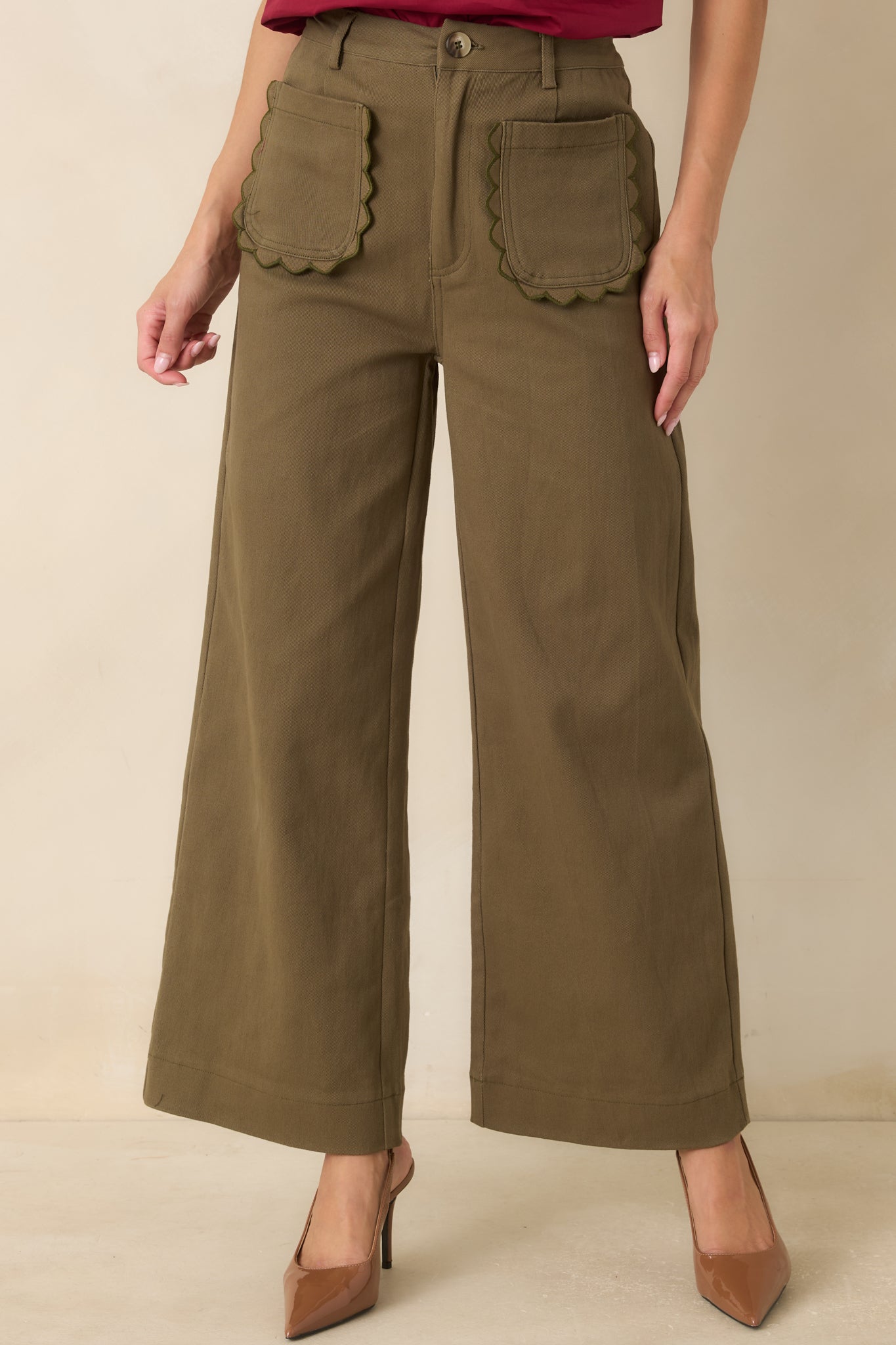 Women's Entro Memories Made Olive Green Cotton Wide Leg Pants | Size: M