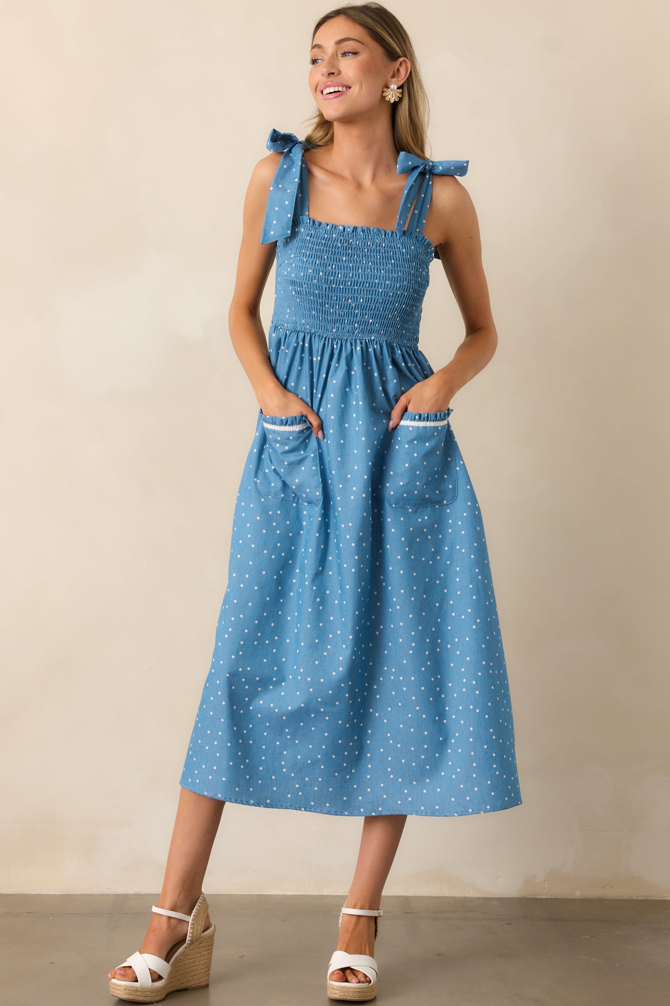 blue dress for baby girl Polka Dot Tie Front Ruffled Midi Dress Navy / L