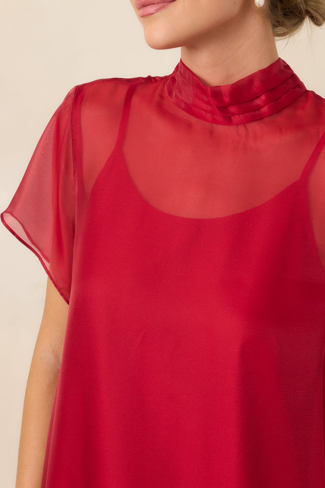 Close-up of the sheer organza dress highlighting the pleated mock neckline, delicate sheer sleeve, and airy layered texture.
