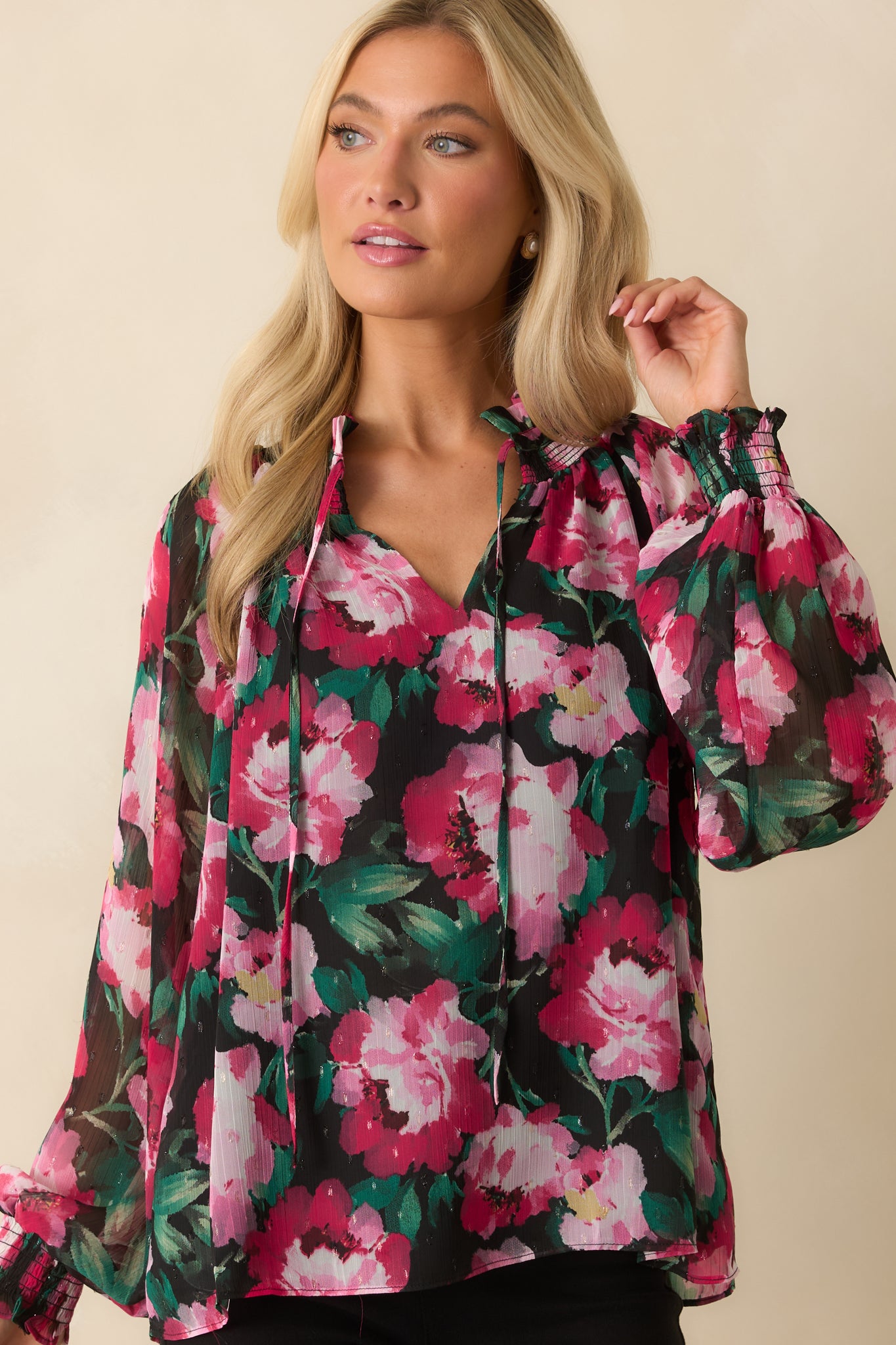 Women's Take It All In Pink Multi Floral Print Chiffon Peasant Top Shirt | Size: M