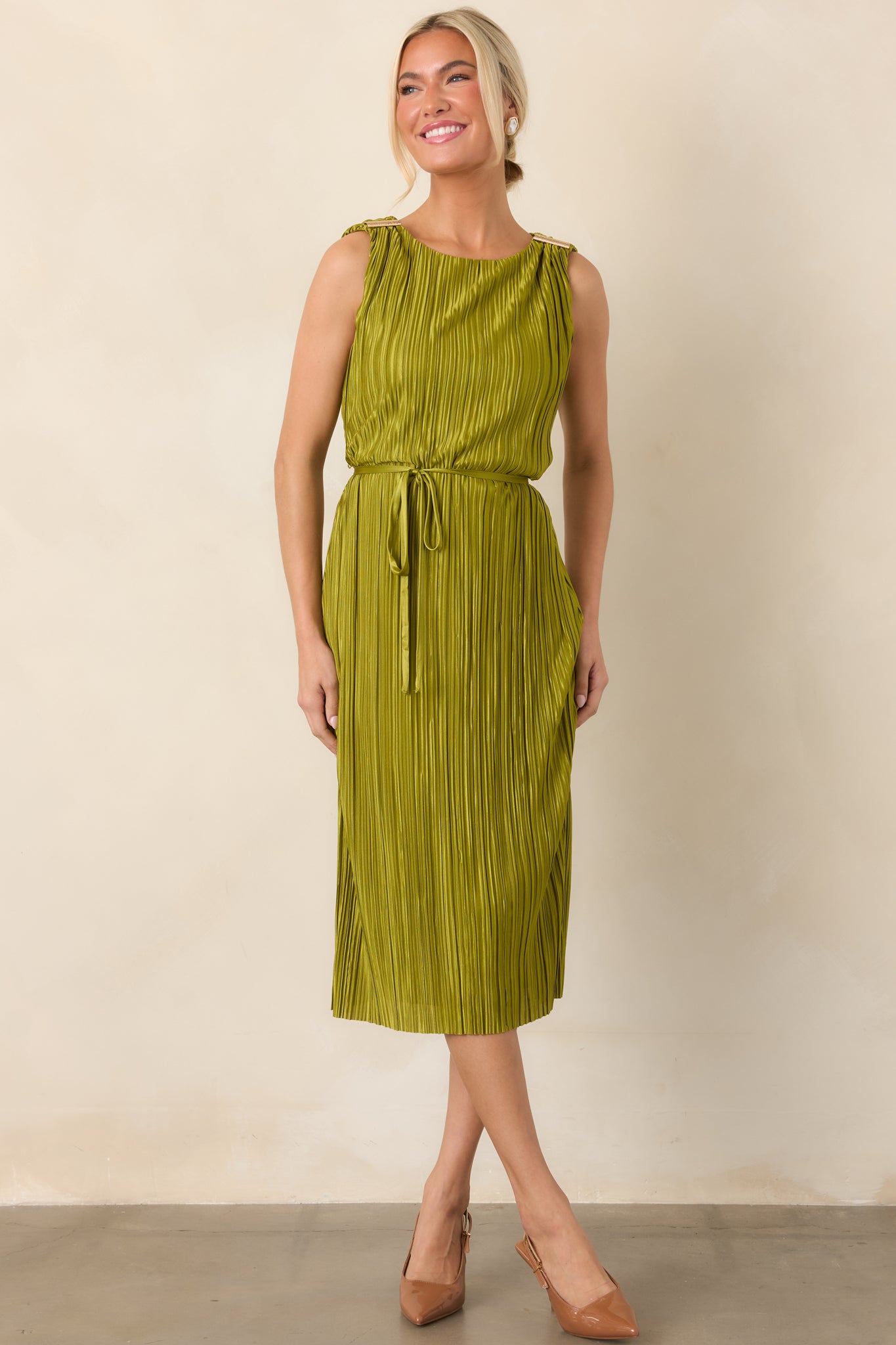 Afterglow Peridot Green Pleated Midi Dress