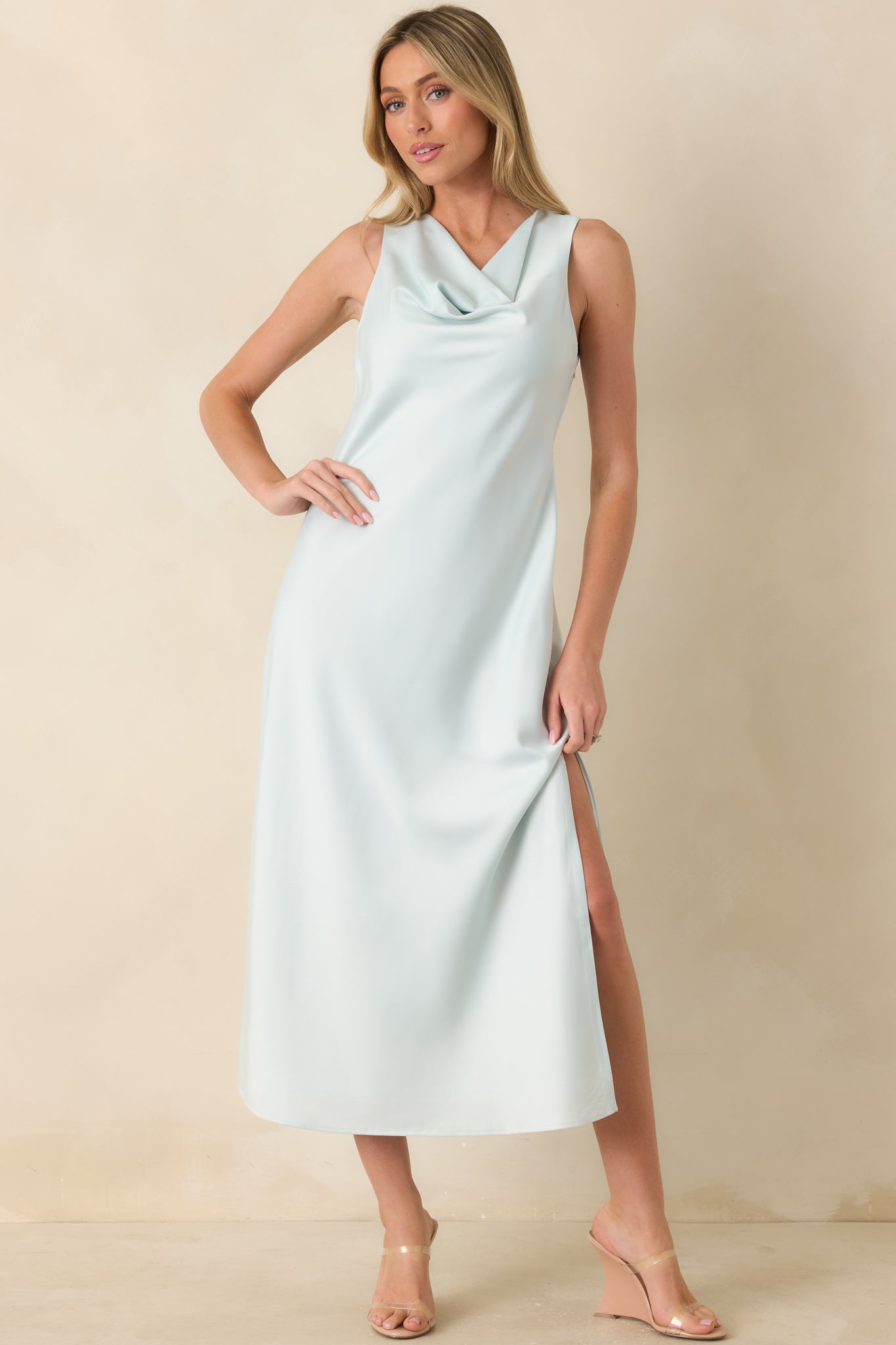 Women's The Moment Is Ours Sky Blue Satin Finish Midi Dress | Size: L