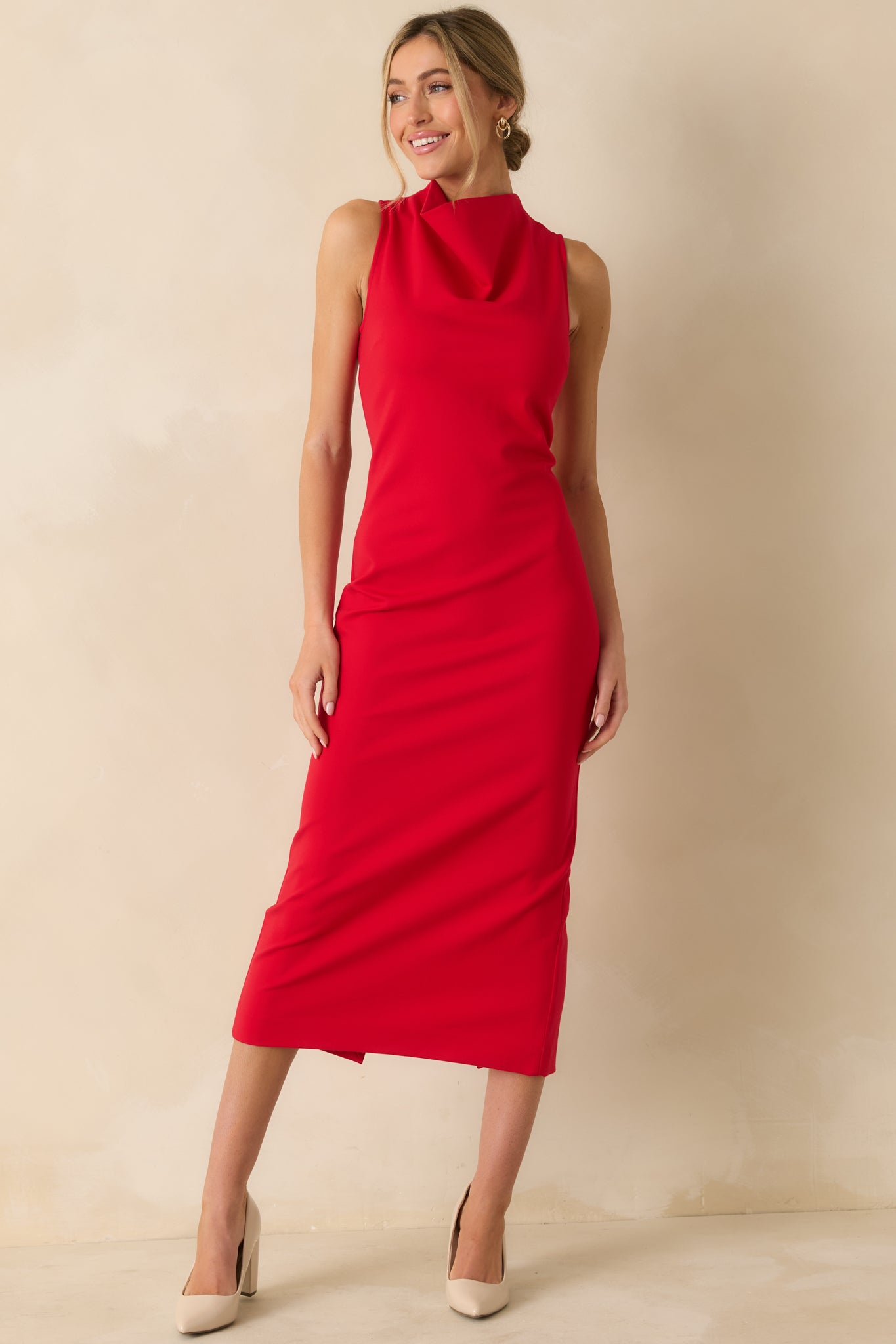 Sleek red midi dress featuring a chic high neckline and smooth, premium ponte fabric with 4-way stretch for a sculpted look.