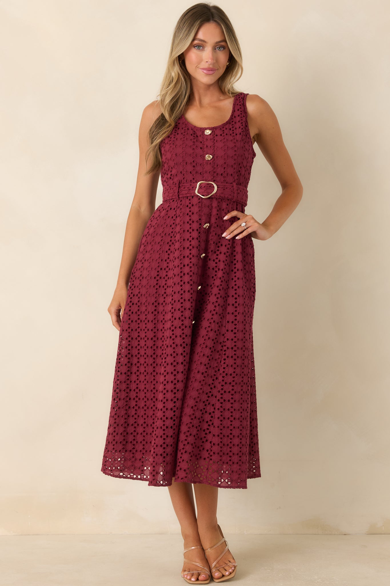Women's Entro Garden Society Burgundy Cotton Eyelet Sleeveless Midi Dress | Size: S