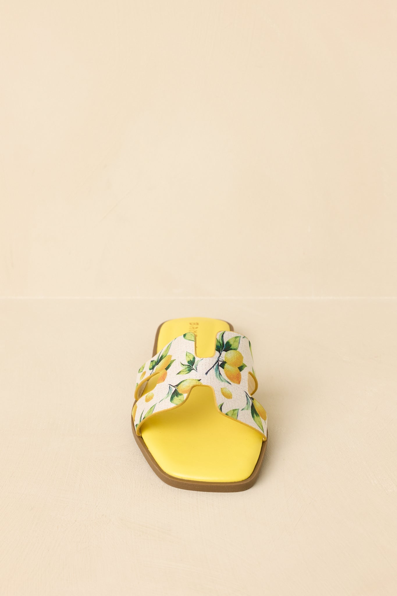 Slide sandals with fruit print strap displayed on a beige background, emphasizing open-toe design and flat sole