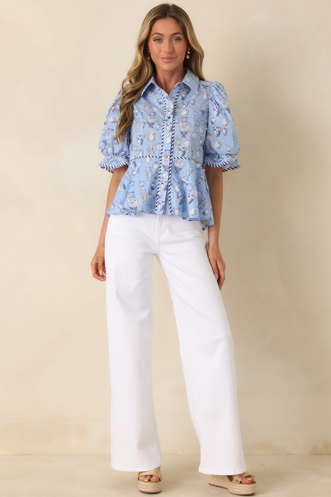 Red Dress | Blue Toile Print Cotton Puff Sleeve Blouse