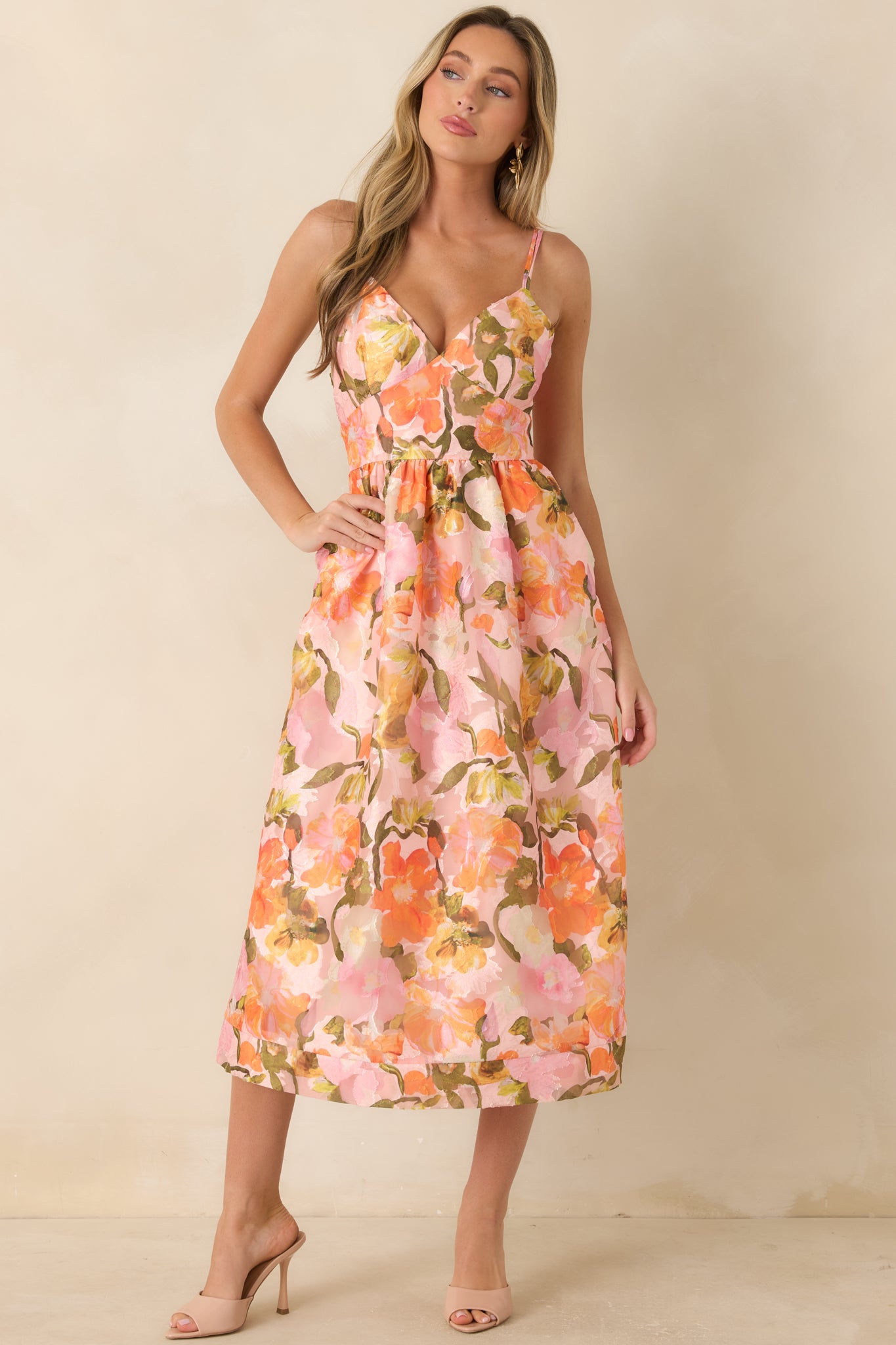 Soft floral midi dress with adjustable spaghetti straps, a fitted waistline, and a gathered skirt designed for easy movement.