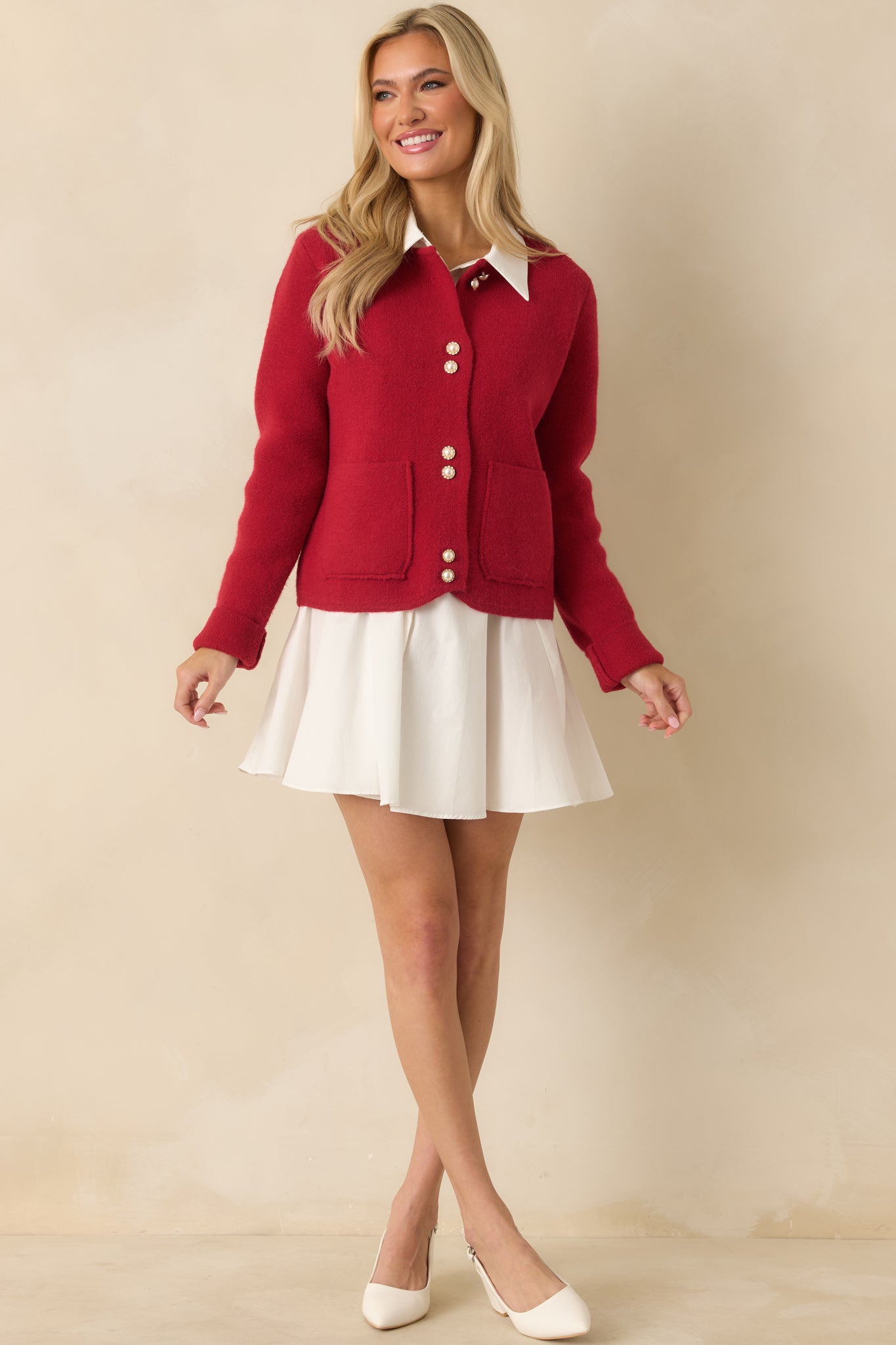 fitted lace wedding dress Women's A Certain Something Red Knit Pearl Accent Button Up Cardigan Shirt | Size: S