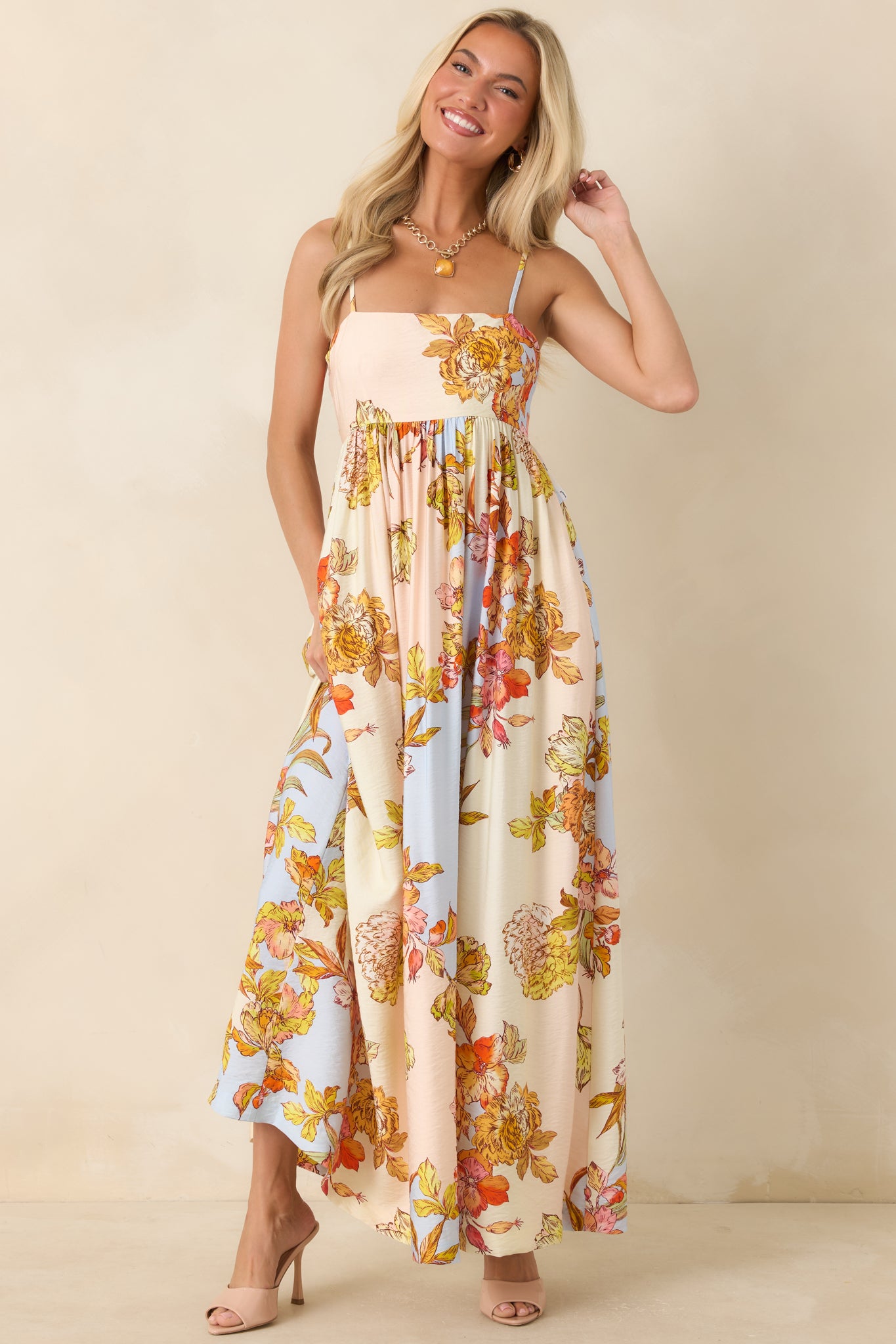 floral maxi dress pastel Women's Yellow Chiffon Ditsy Print Tiered Frill Adjustable straps are delicately adorned with floral details Watercolor Dreams Floral Tiered Maxi