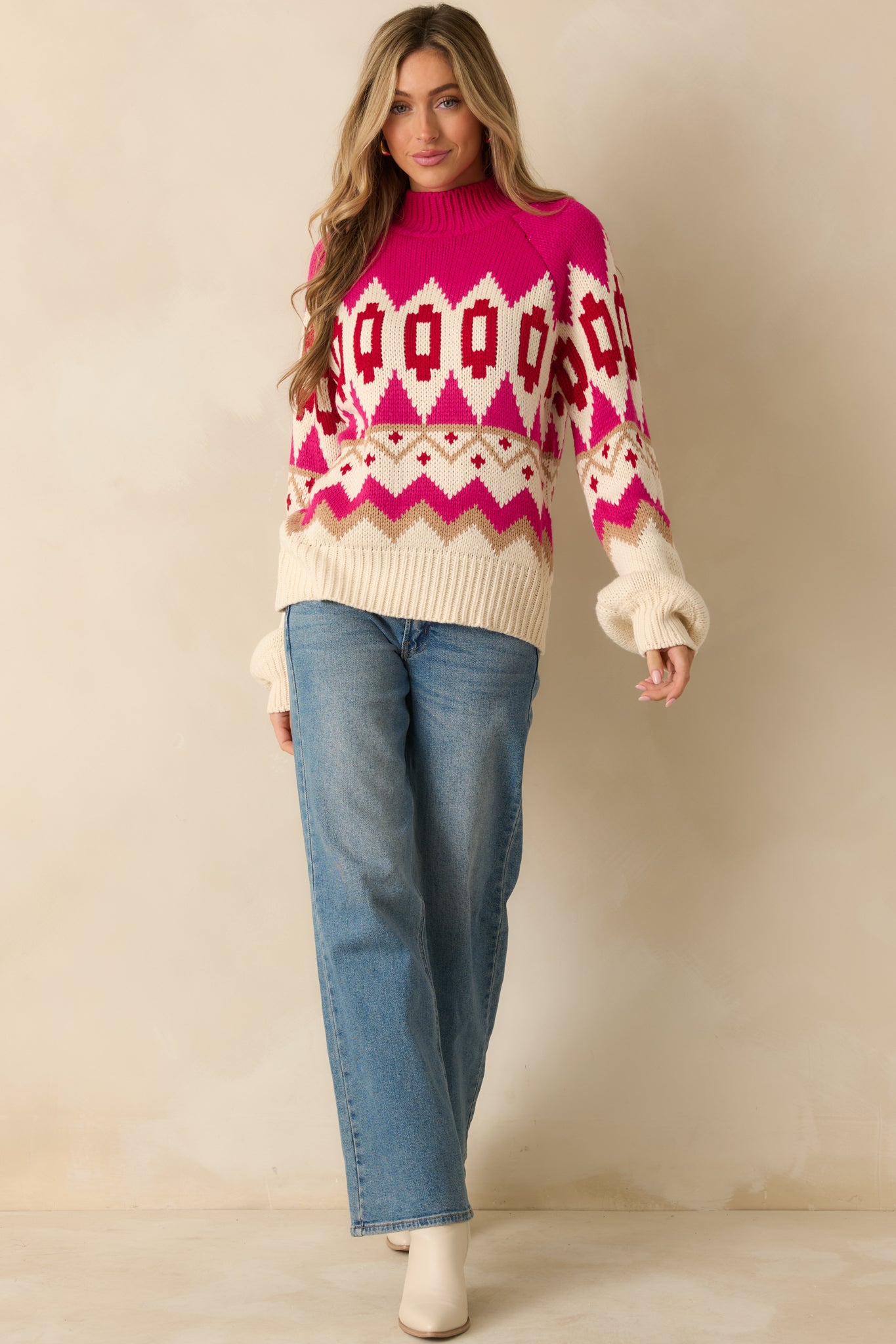 Soft pink multi sweater designed with a relaxed silhouette and patterned knit for casual comfort.