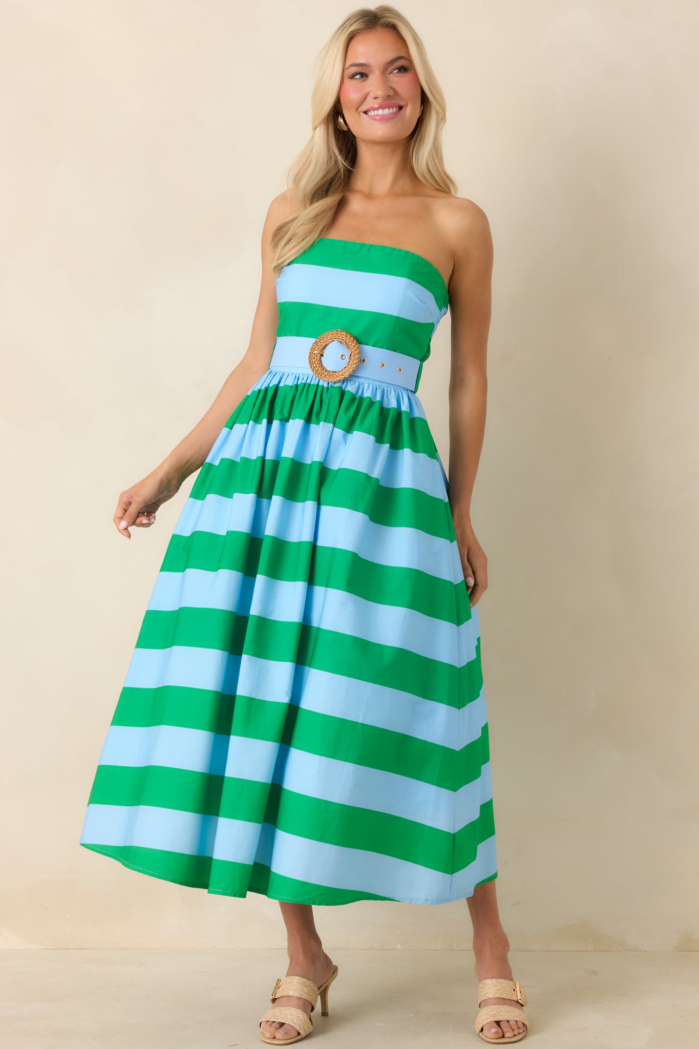 Women's The Amanda Green & Light Blue Stripe Cotton Strapless Midi Dress | Color: Kelly Green | Size: L | Red Dress Women's The Amanda Green & Light Blue Stripe Cotton Strapless Midi Dress | Color: Kelly Green | Size: L | Red Dress