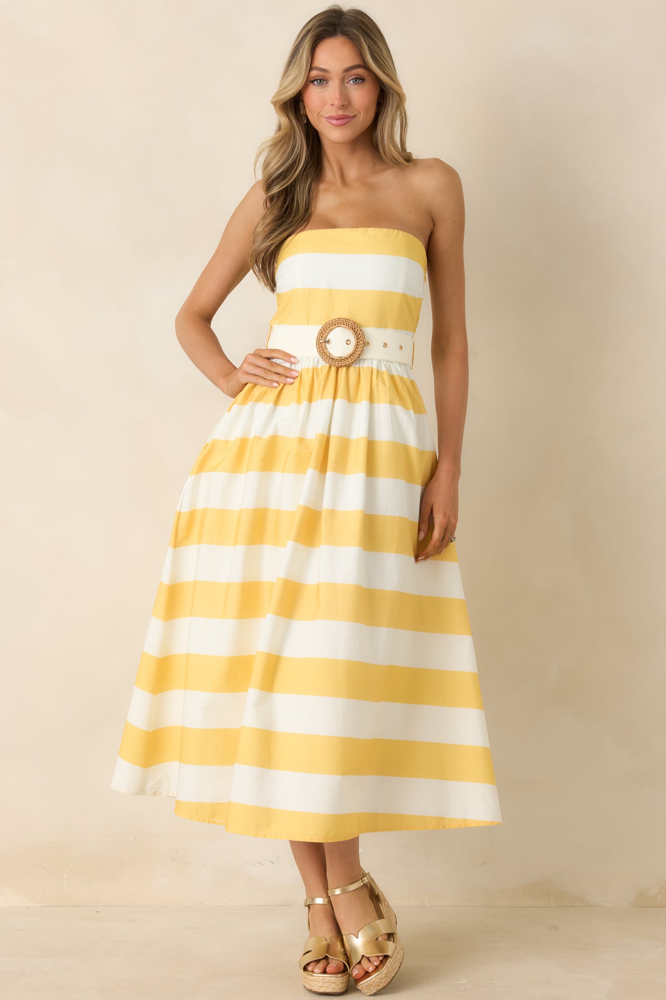 The Amanda Yellow & White Stripe Cotton Strapless Midi Dress The Amanda Yellow & White Stripe Cotton Strapless Midi Dress