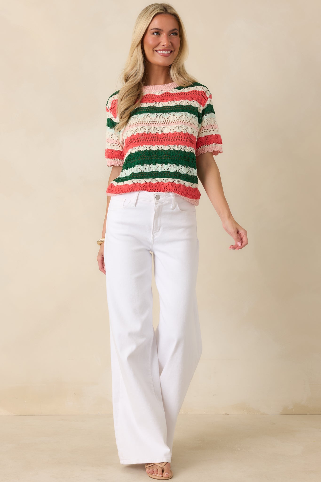 Lightweight cotton and viscose knit top featuring alternating green, coral, blush pink, and ivory stripes with delicate pointelle detailing, short sleeves, and a relaxed silhouette.
