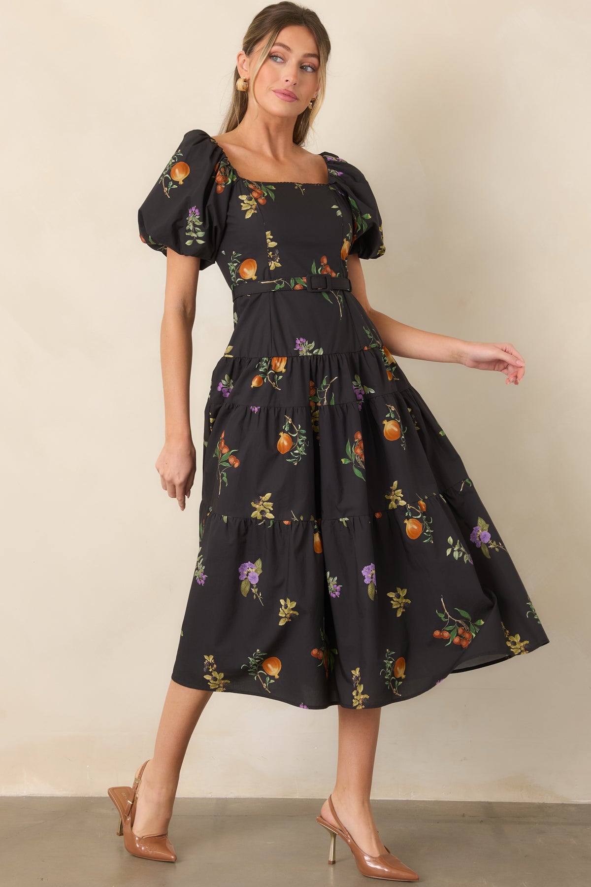 Structured cotton dress with a square neckline, full puff sleeves, princess seam detailing, and a cinched waist.