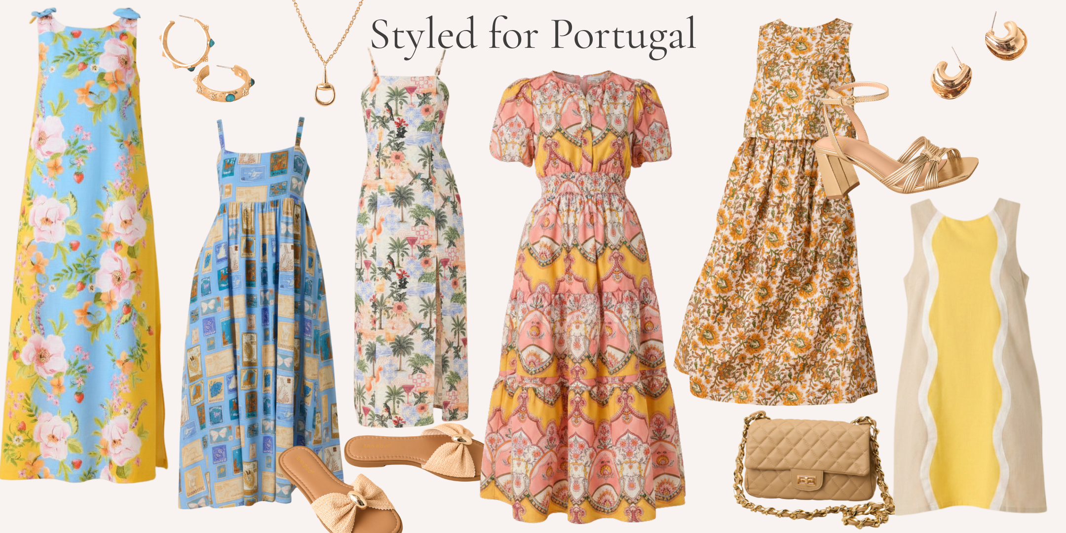 Collage containing several colorful, print dresses, along with shoes and accessories paired with each.