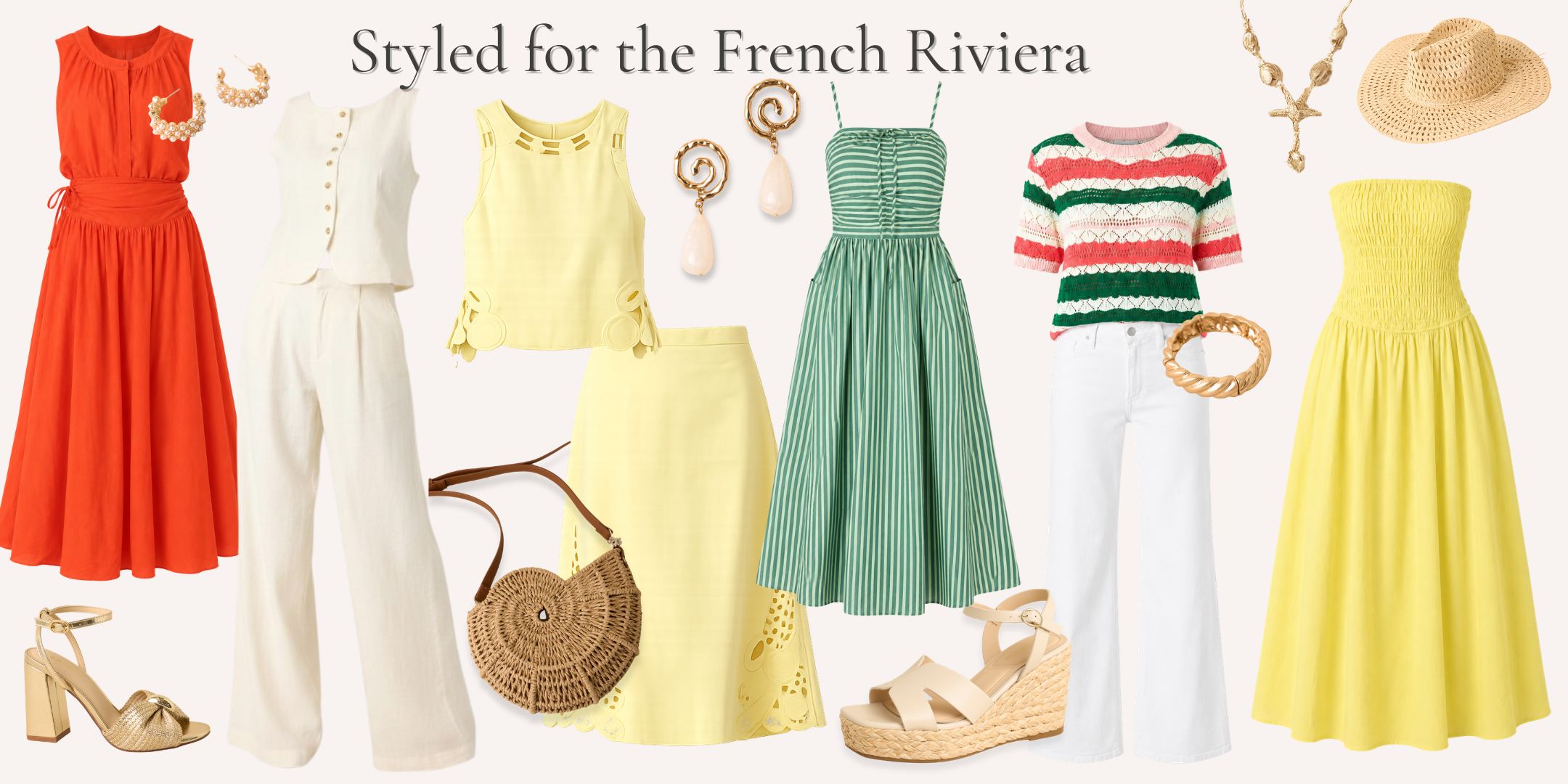 Collage of ghost mannequin style outfits to pack for a French Riviera vacation.
