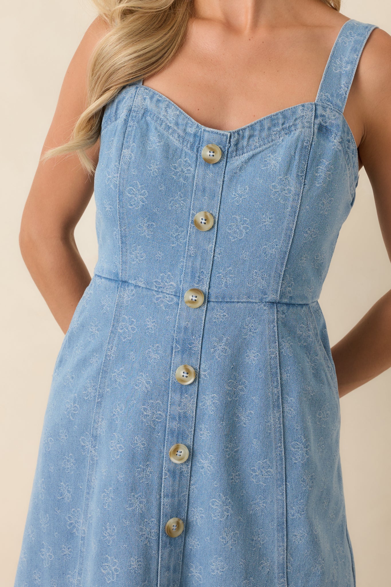Close-up of the sweetheart neckline, front button details, and floral fabric pattern.