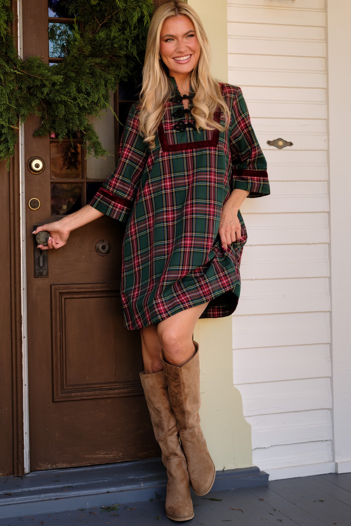 Tartan mini dress featuring a velvet-trimmed front panel, three-quarter sleeves, and a relaxed A-line silhouette.