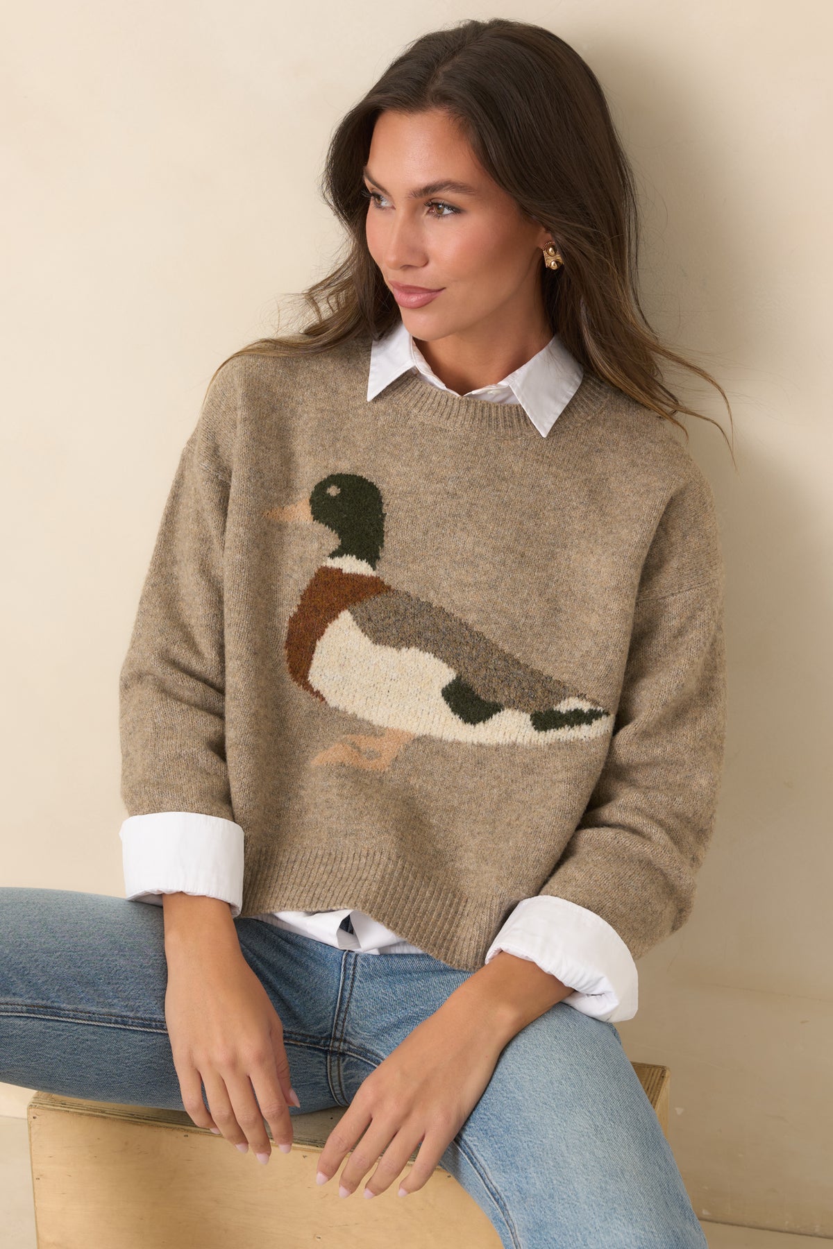 Heathered taupe crewneck sweater combines a slightly boxy silhouette with a decorative mallard graphic and ribbed hem.