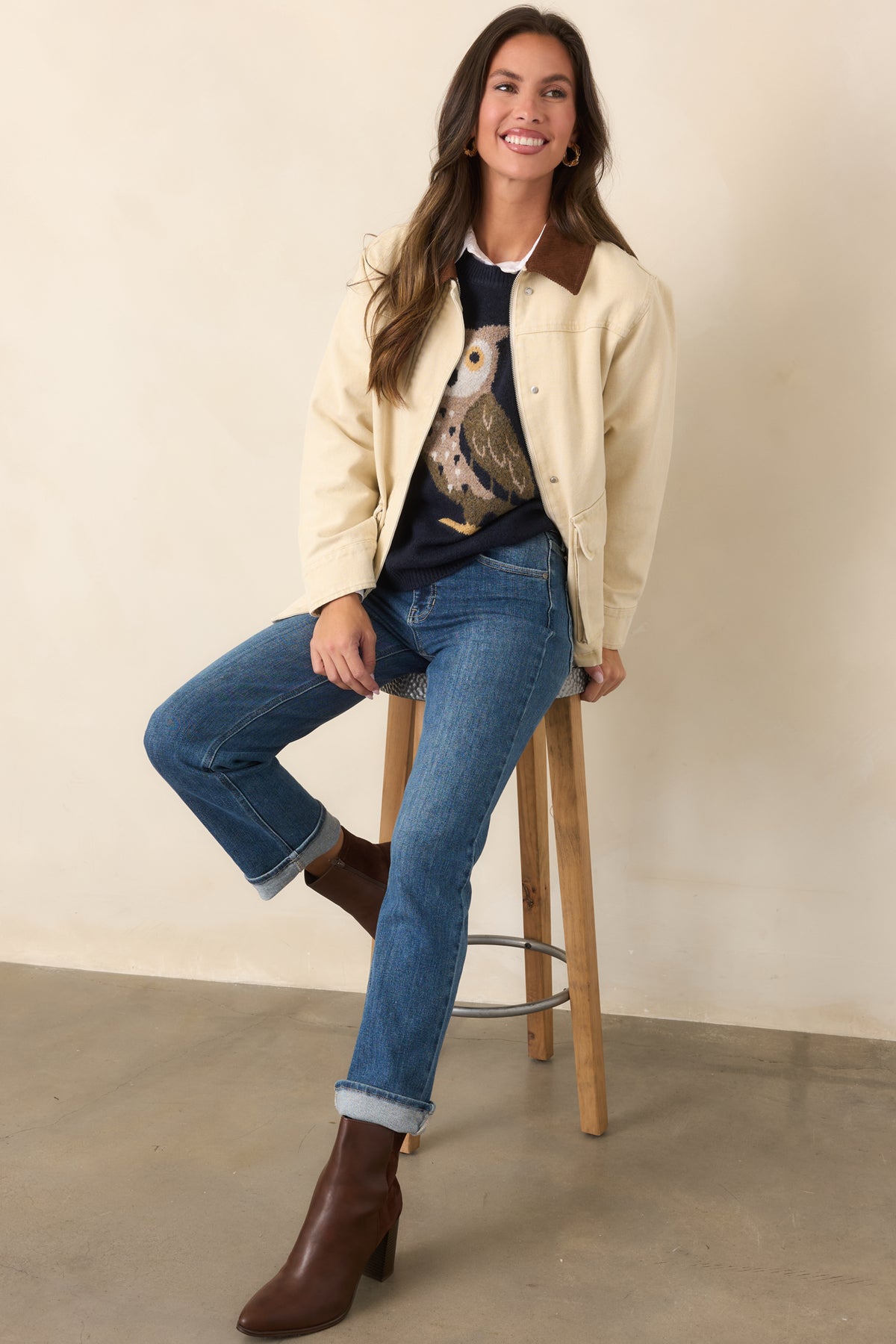 Taupe cotton canvas utility jacket with a contrasting brown corduroy collar, zip-and-snap front closure, and relaxed straight silhouette.