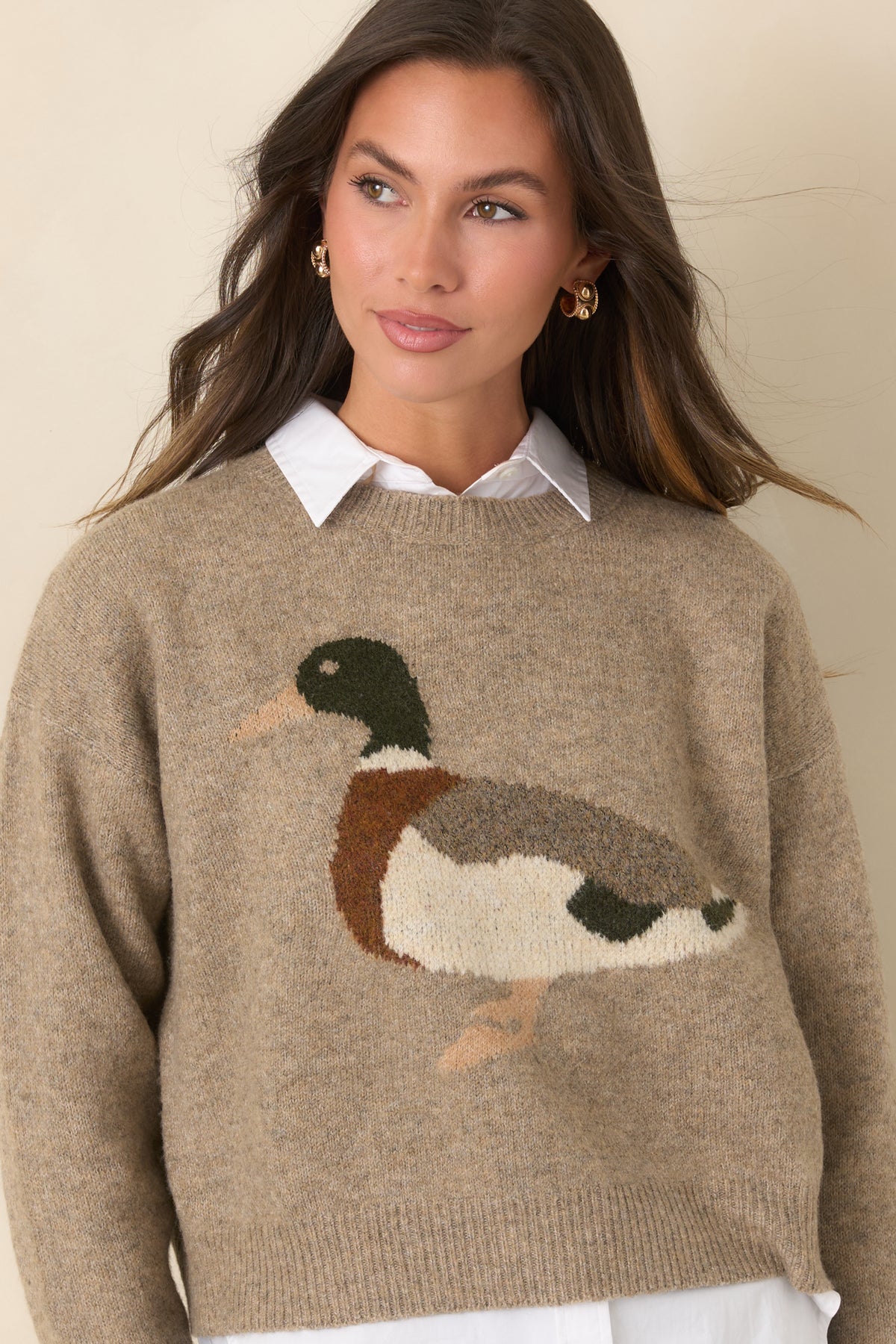 Long sleeves and ribbed neckline trim complement the colorful mallard motif on this taupe knit sweater.