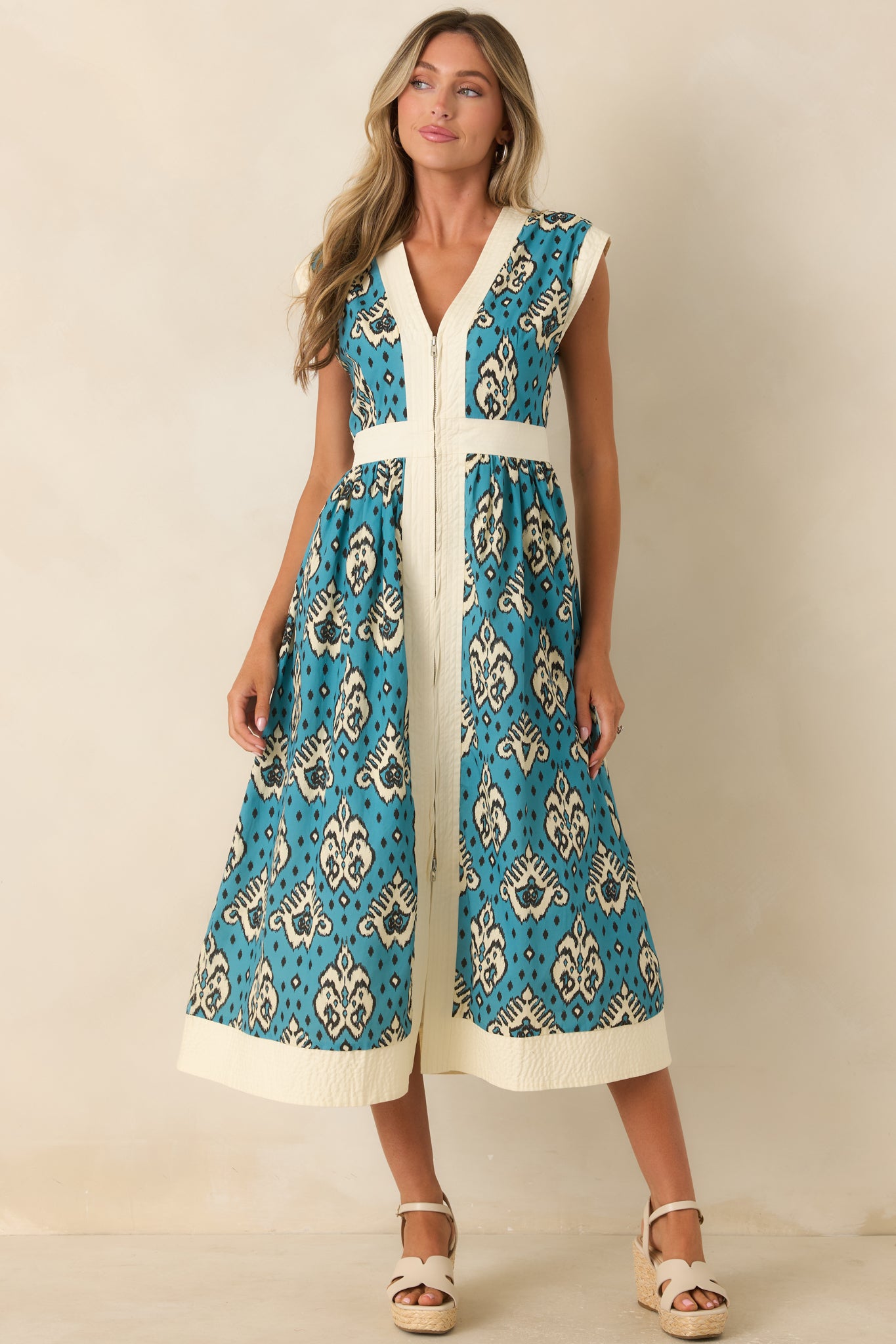 Women's In the Studio Teal & Ivory Ikat Print Cotton Midi Dress | Size: M