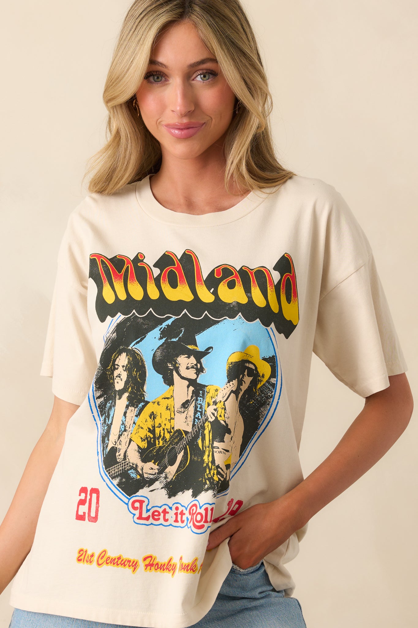 Upper portion of the tee showing the crew neckline and top section of the Midland graphic in detail.