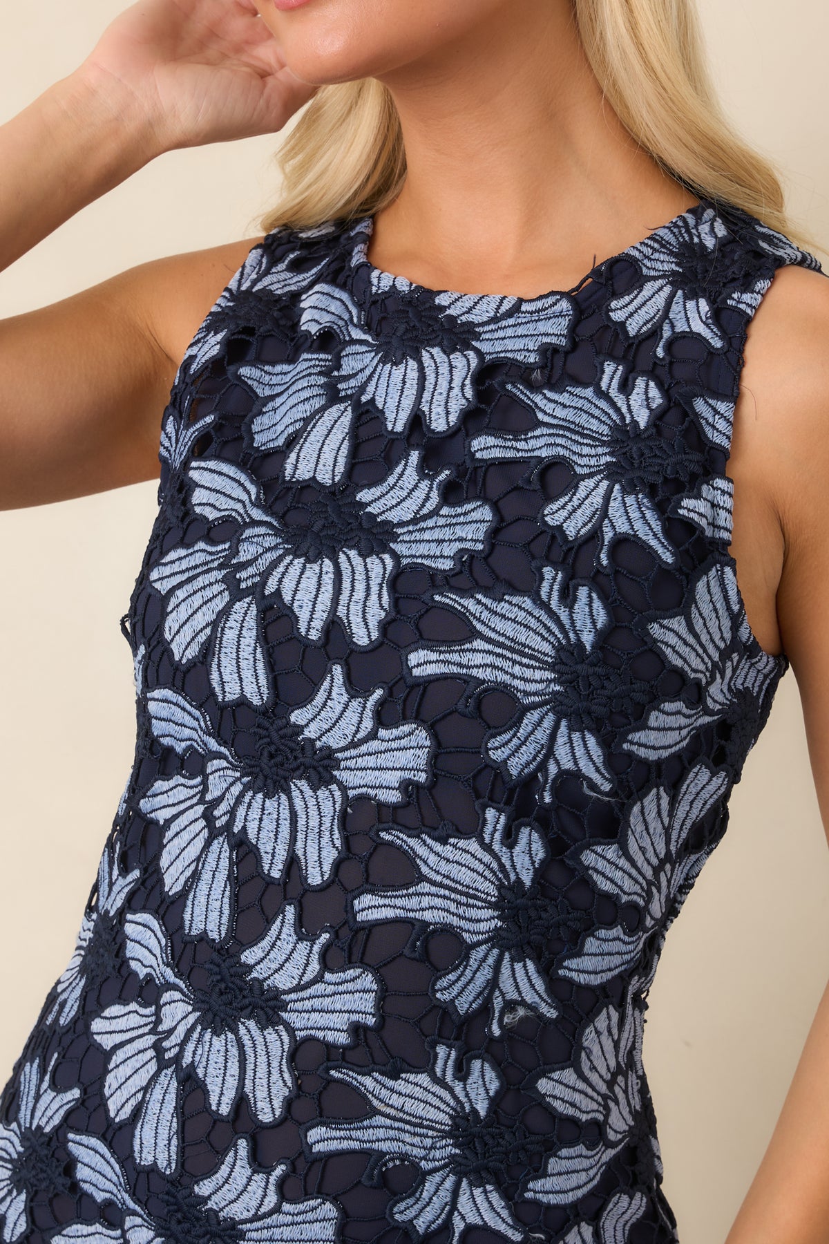 Close-up of the dress highlighting the textured oversized florals outlined in navy and the rounded neckline.
