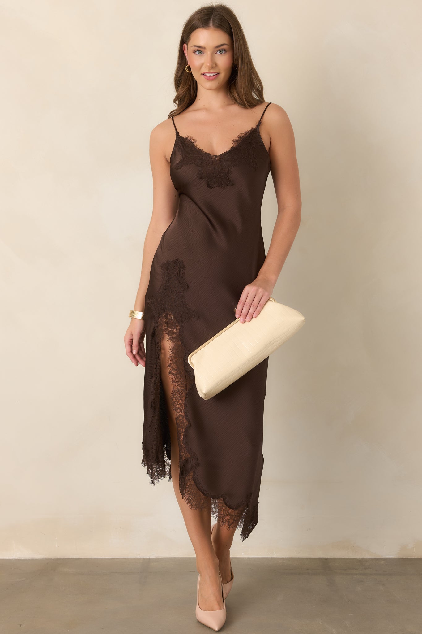 silk and lace slip dress Women's Just Like in the Movies Chocolate Satin Midi | Color: Brown | Size: Xs color:Black Burgundy dress with shimmering Lace is elegance and Color:WINTERWH