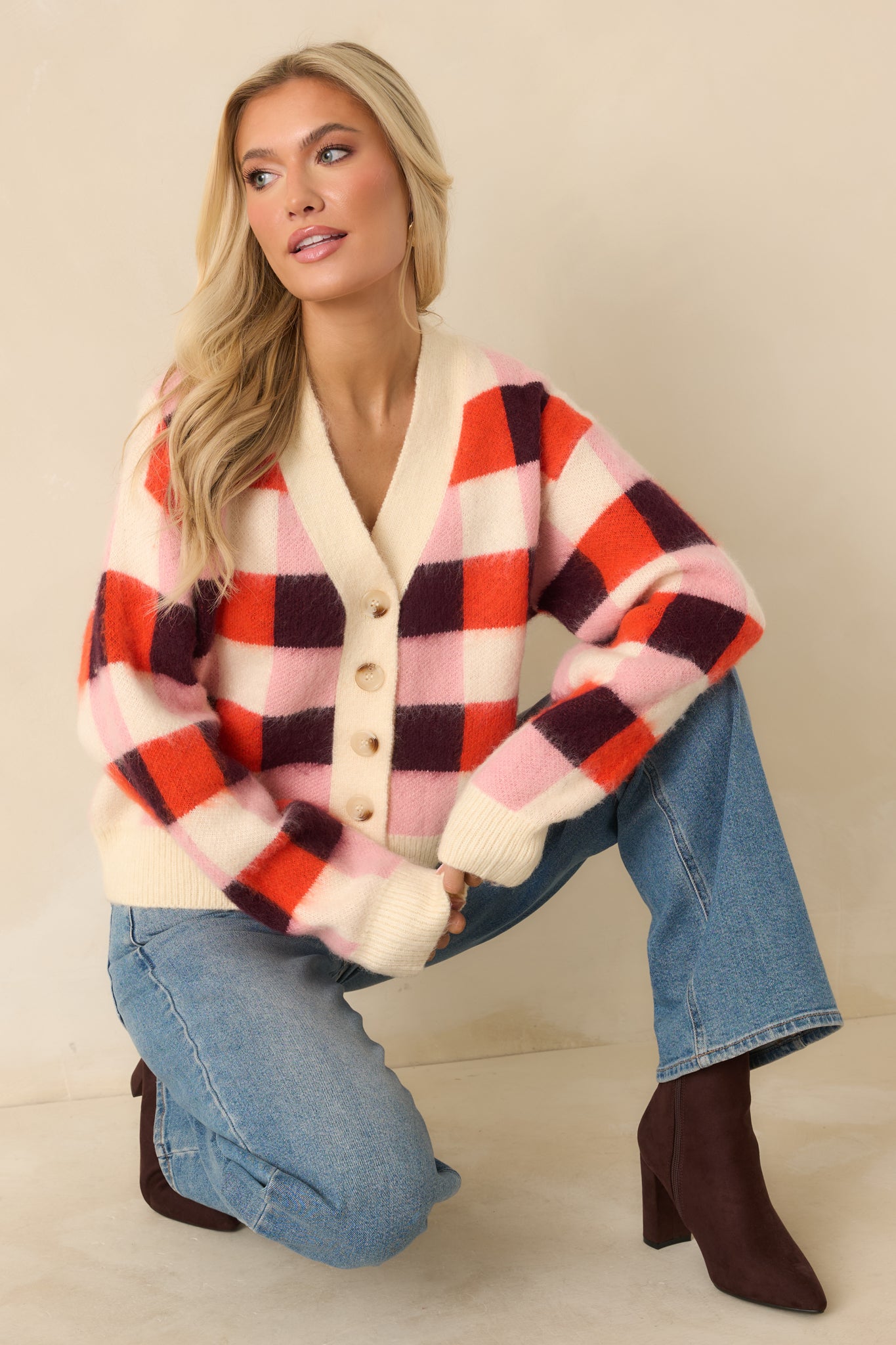 FRNCH Viola Pink Multi Knit Checked Cardigan - All Cardigans | Red