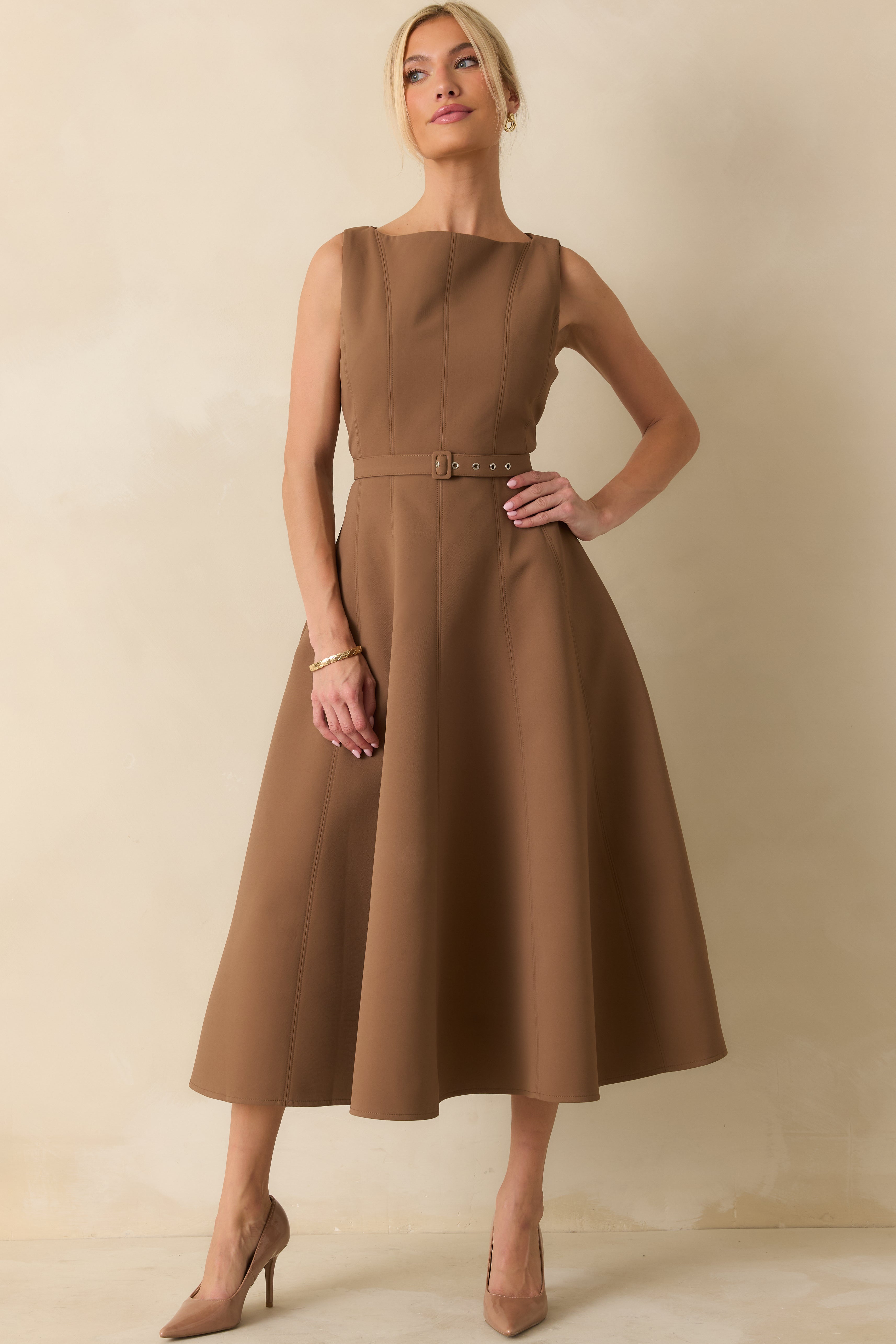 Belted toffee brown midi dress with seamed detailing and a flattering waistline.
