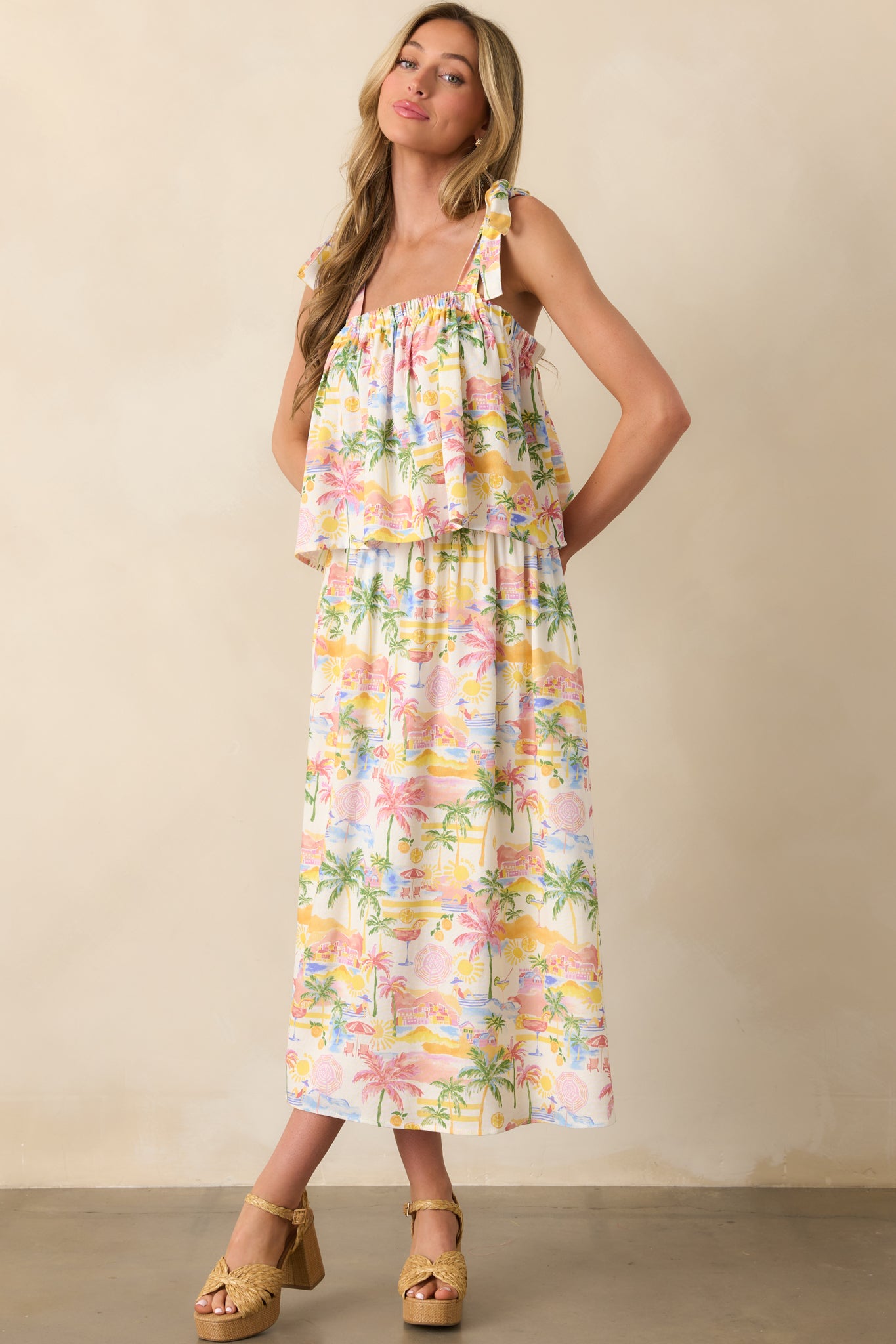 Front-facing full body image highlighting the cropped length, elastic top hem, and breezy tropical design.
