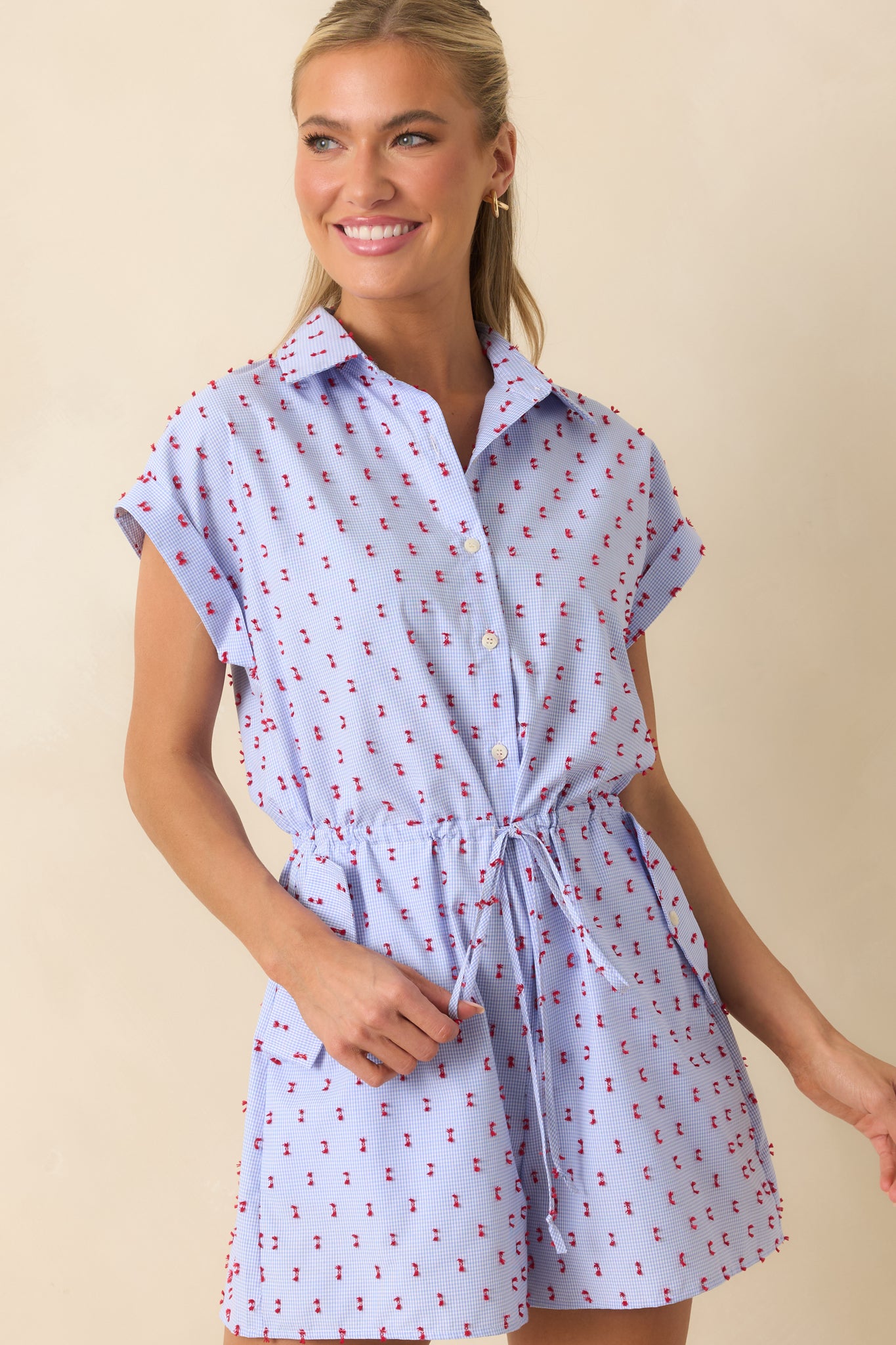 Close-up look at the red tufted embroidery and lightweight cotton gingham fabric texture.