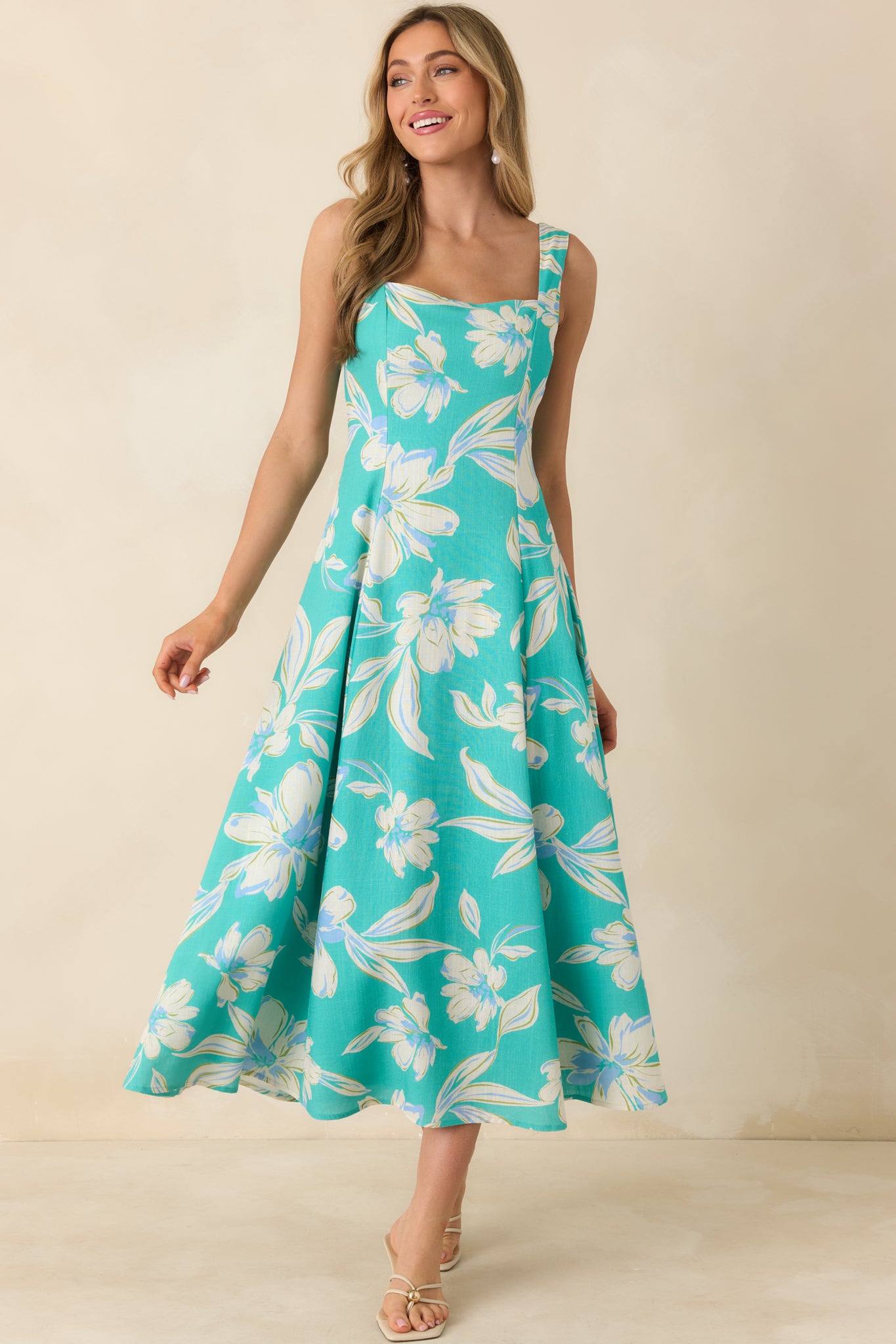 Sleeveless turquoise midi dress designed with fitted bodice, defined waist, and flowing A-line skirt silhouette.