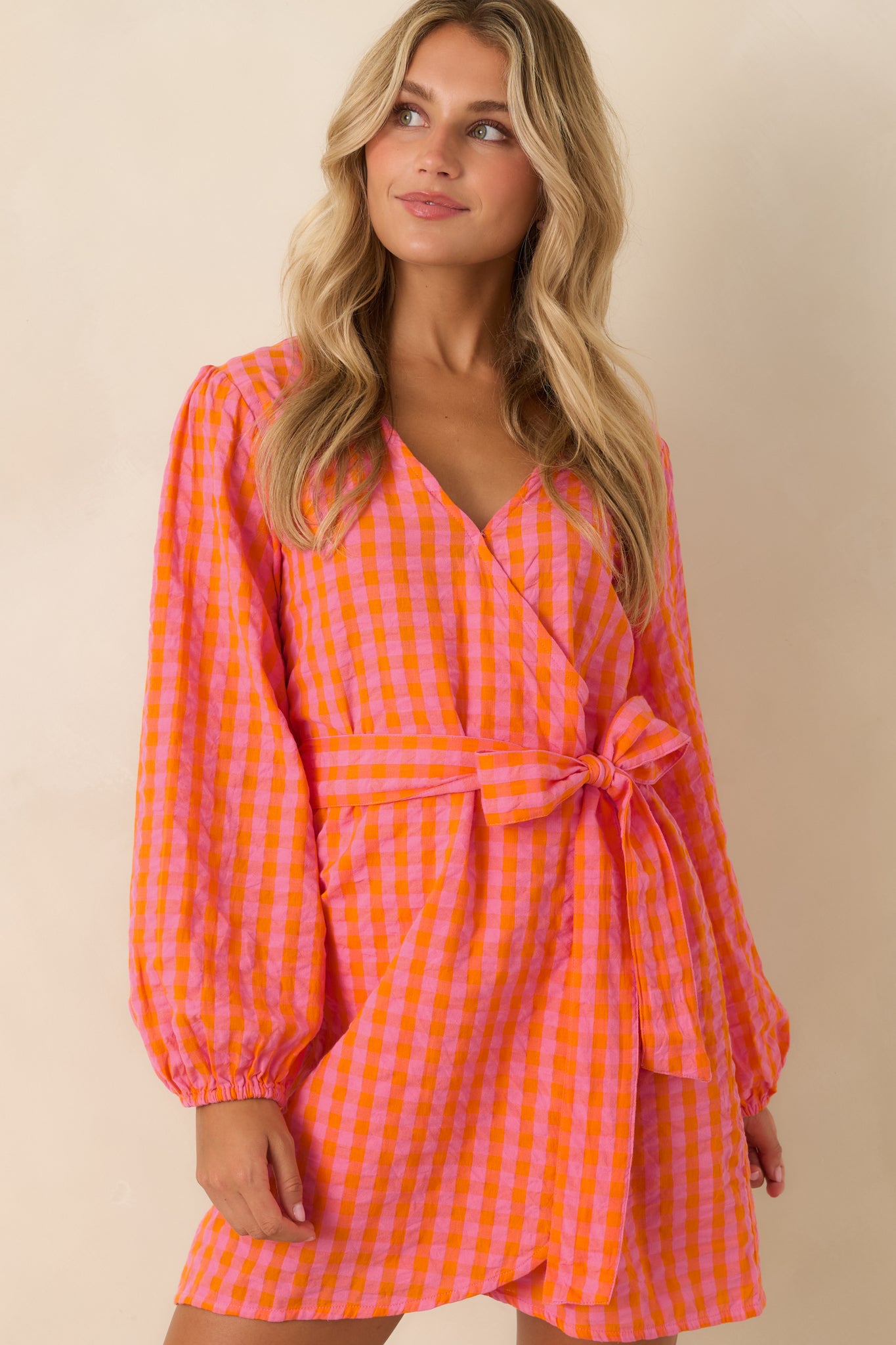 Women's Sunset Check-In Pink & Orange Plaid Cotton Wrap Mini Dress | Size: S
