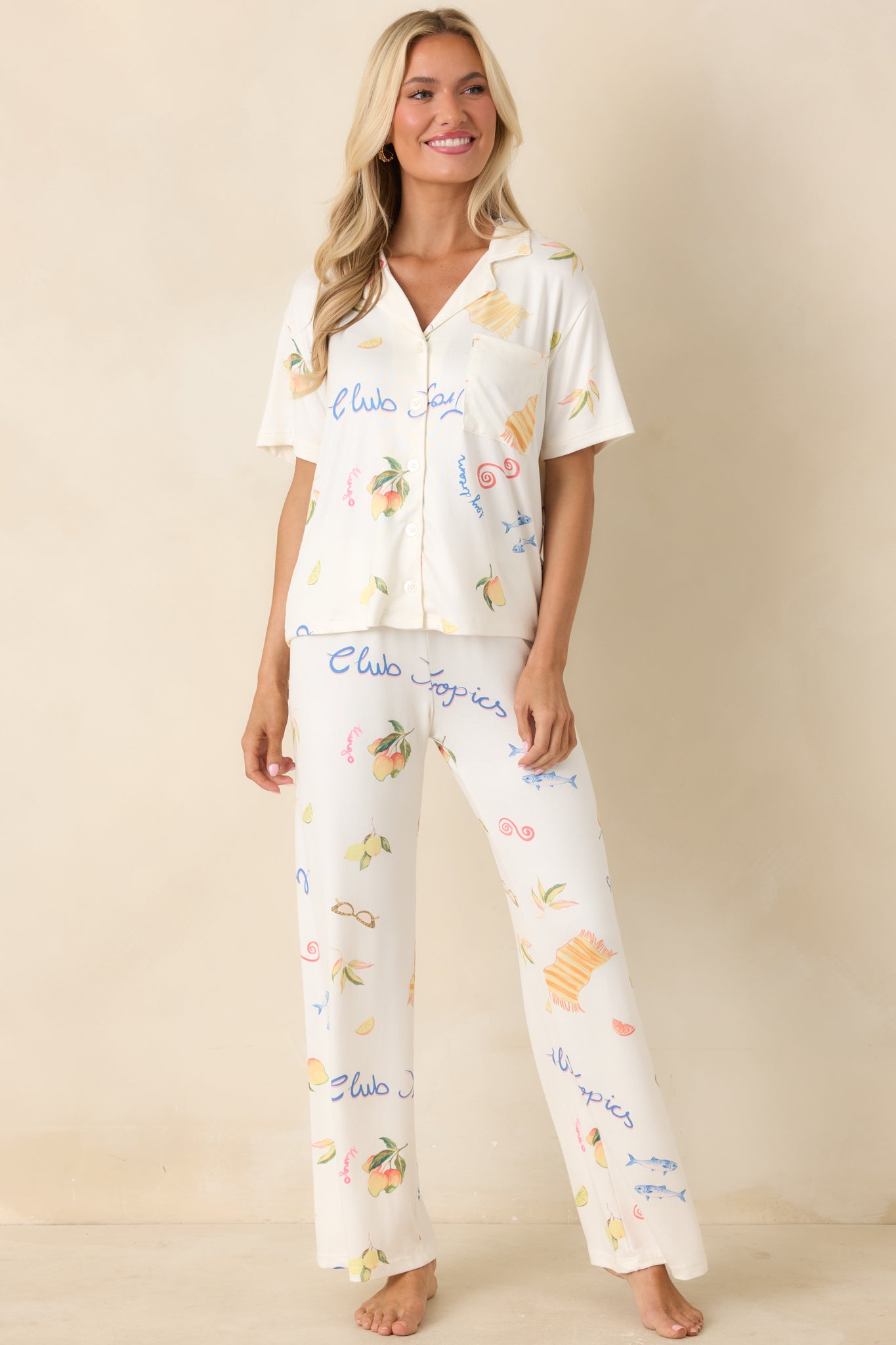 Vanilla ice wide-leg lounge pants with elastic waistband and tropical citrus print