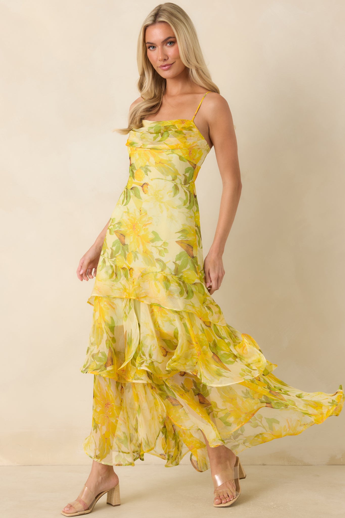 ASTR the Label | Alison Floral Tiered Drop-Waist Maxi Dress in Yellow Floral