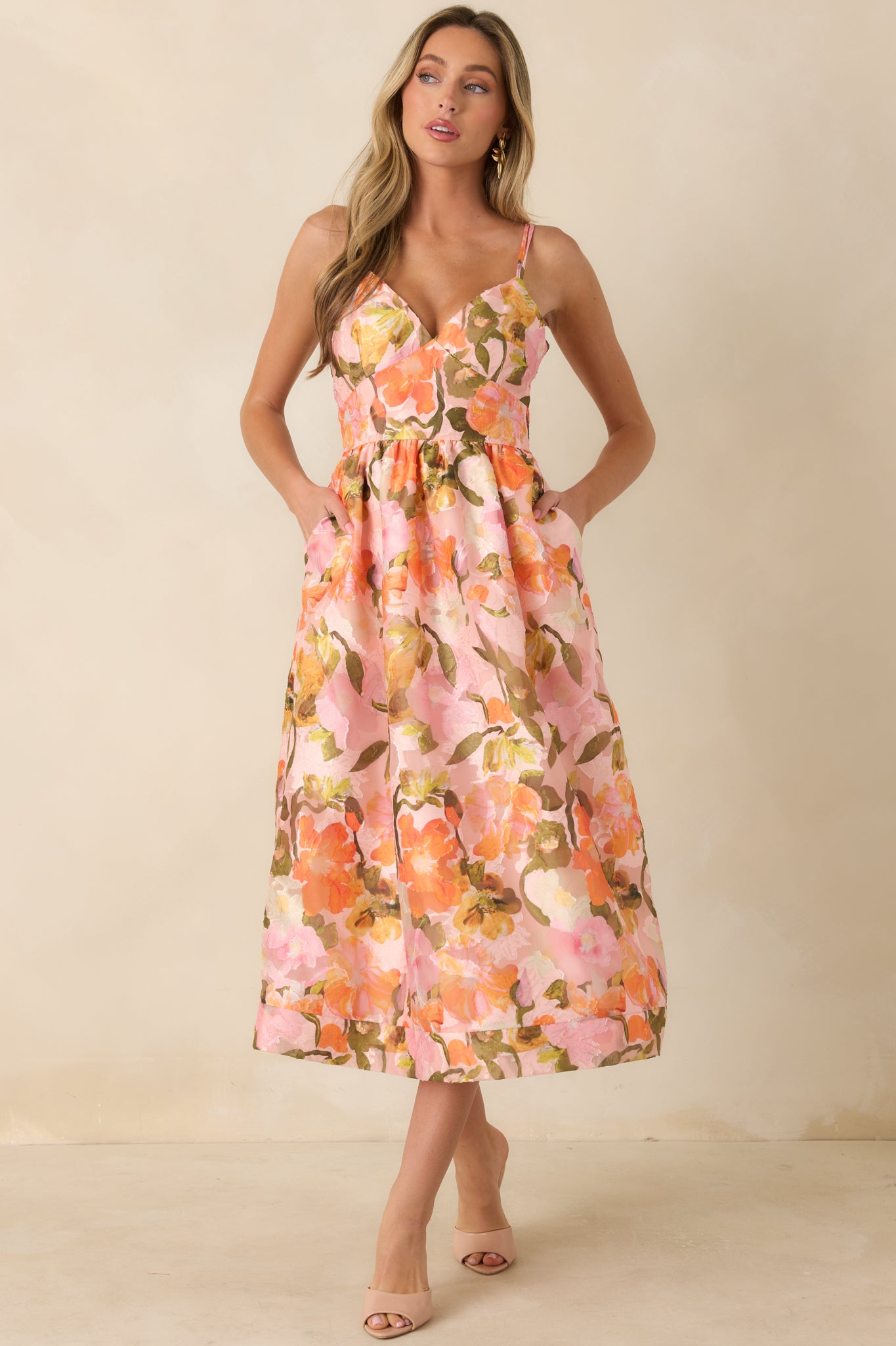 Women's Blushing Bouquet Pink & Orange Floral Midi Dress | Size: M