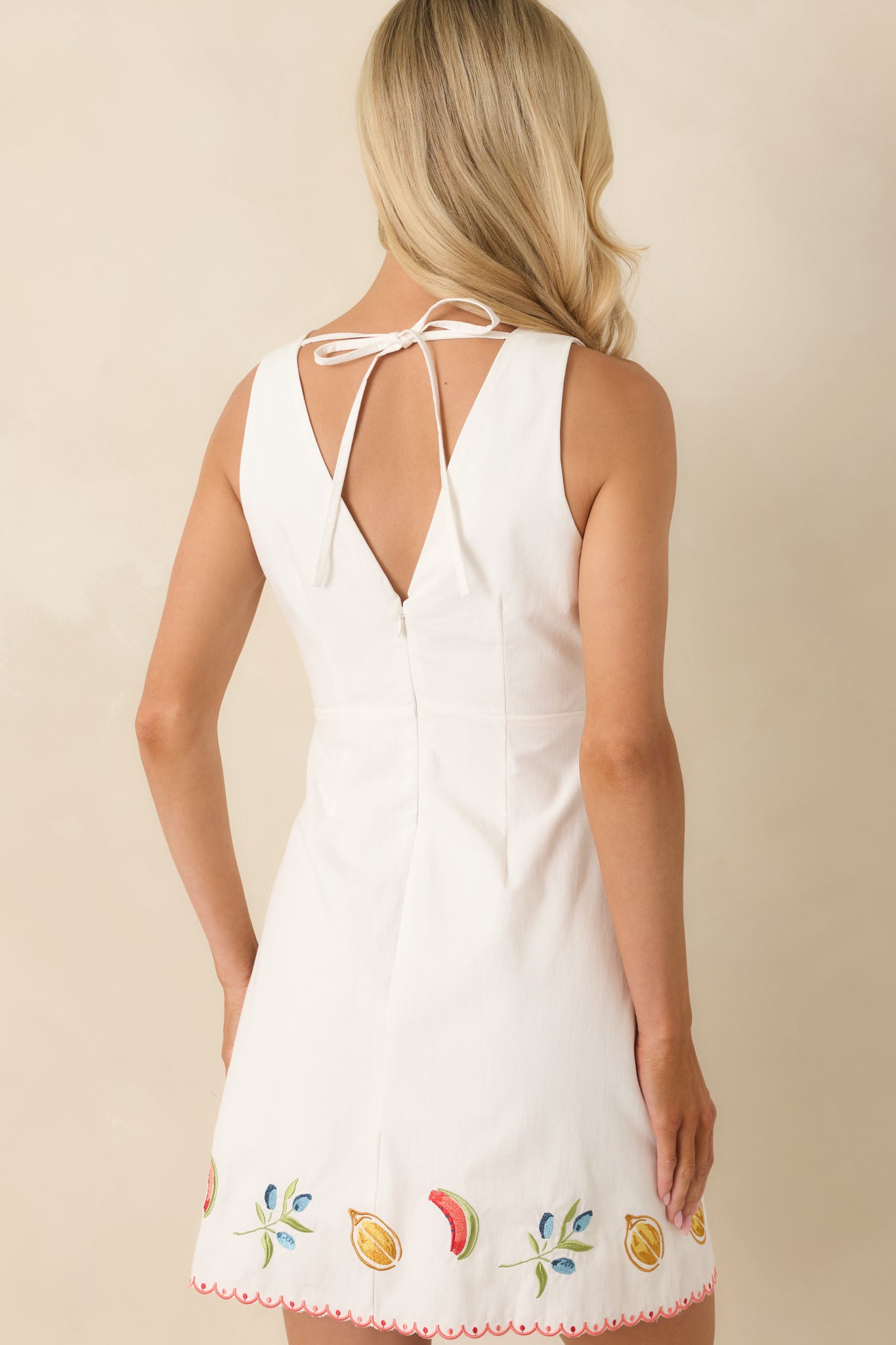 Back view of the mini dress featuring an open back and adjustable tie closure.