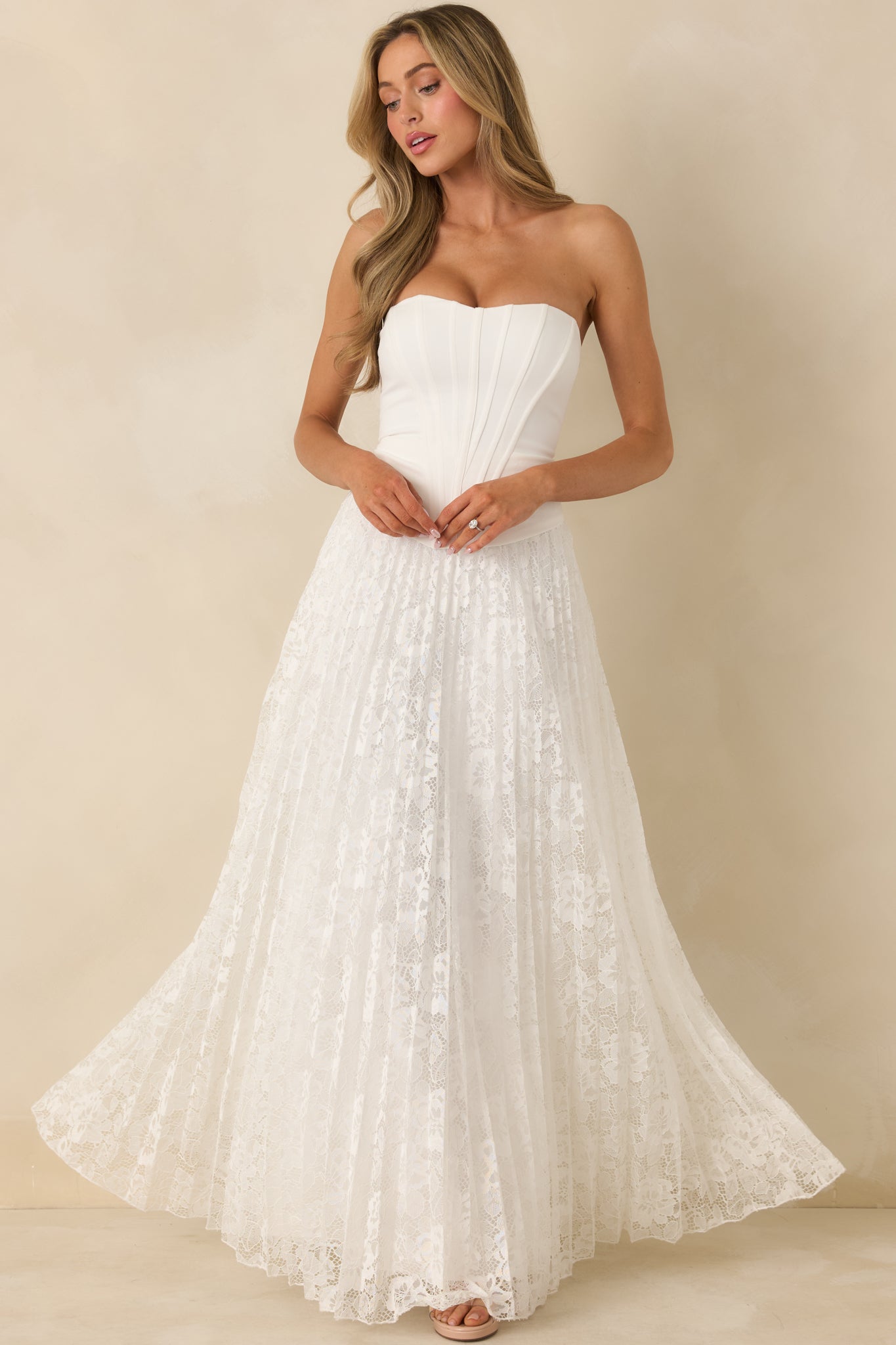 White Corset Bodice & Pleated Lace Maxi Dress - Event Dresses | Red Dress White Corset Bodice & Pleated Lace Maxi Dress - Event Dresses | Red Dress