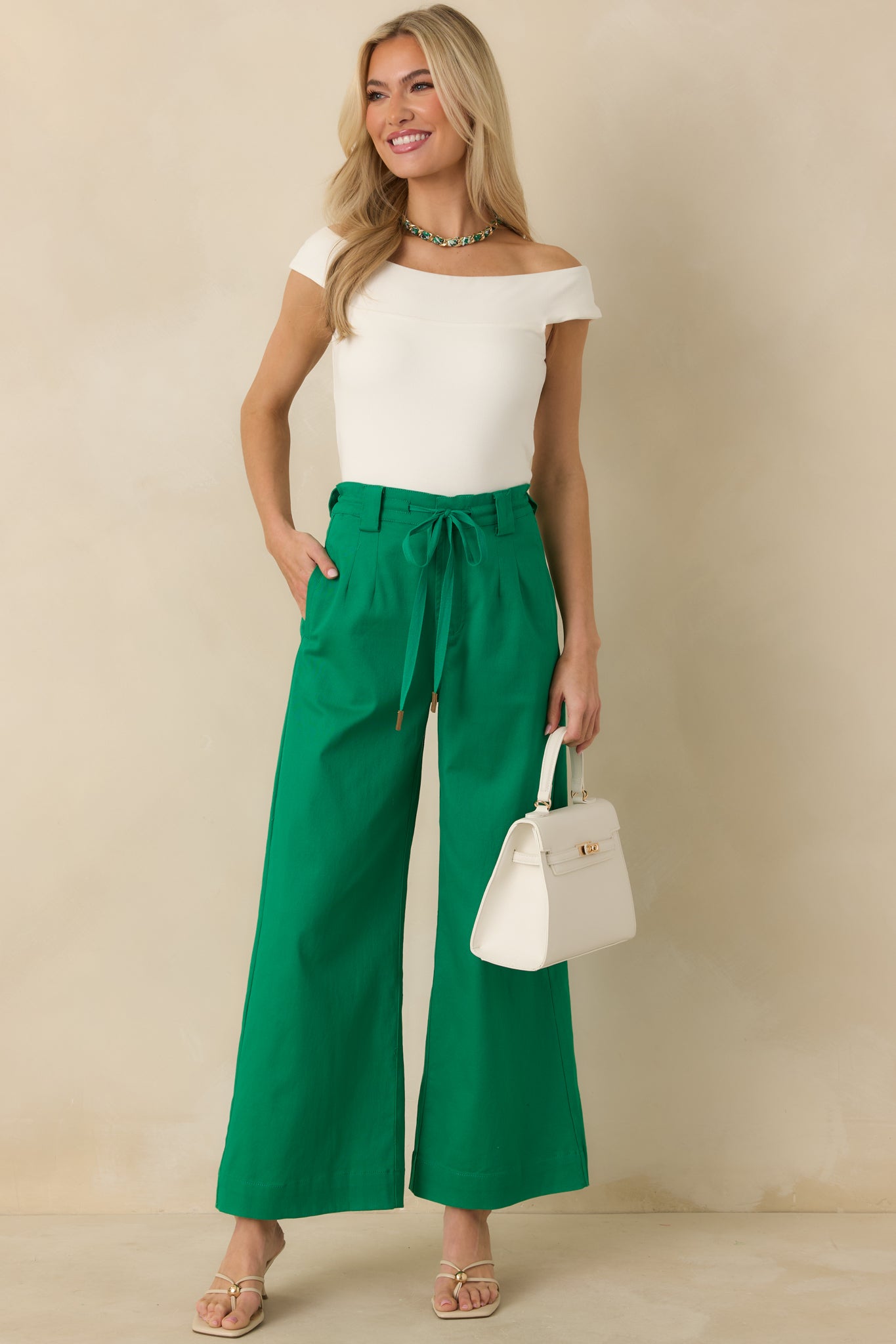 Women's Refined Rhythm Emerald Green Cotton Tie-Belt Wide Leg Pants | Color: Kelly Green | Size: L Women's Refined Rhythm Emerald Green Cotton Tie-Belt Wide Leg Pants | Color: Kelly Green | Size: L