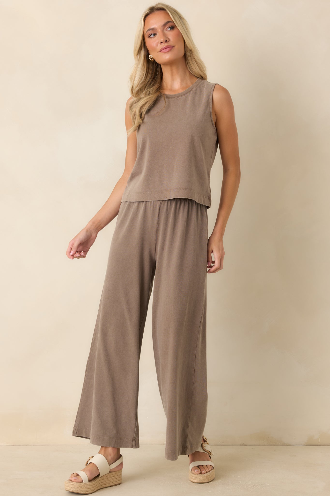 Wide leg dark taupe pants designed with Z Supply's signature cotton jersey material and a comfortable elastic waist.