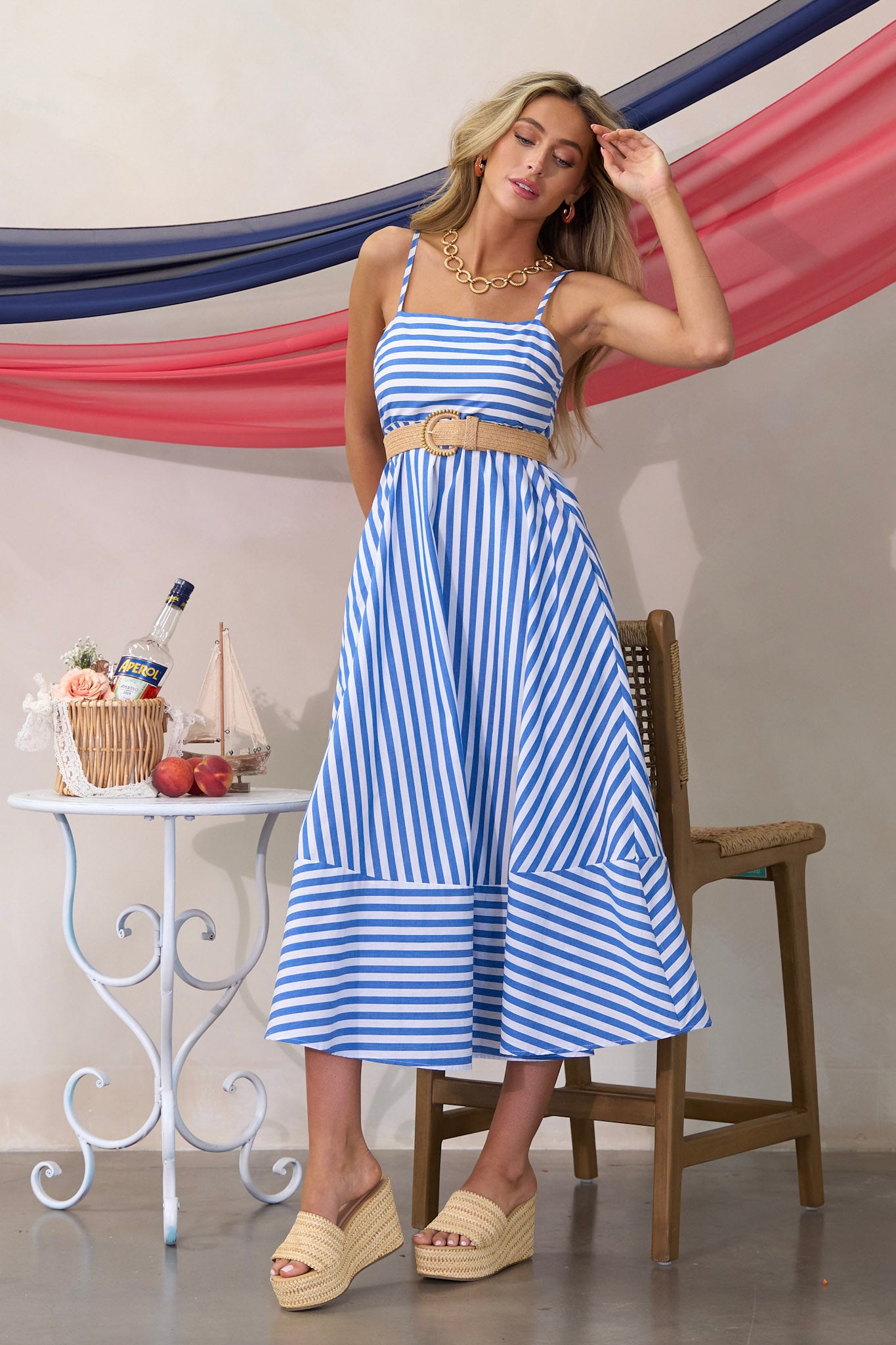 100% Cotton Blue Stripe Midi Dress All Dresses Red Dress
